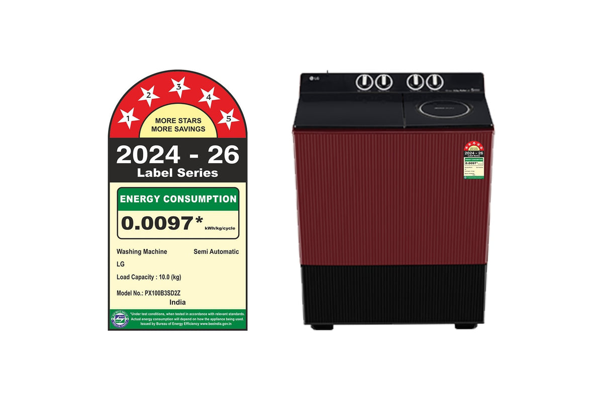 LG PX100B3SD2Z 10 KG Semi-Automatic Washing Machine, Roller Jet Pulsator+, Wind Jet Dry+ Technology, Dual Spin Shower, Burgundy, 5 Star LG