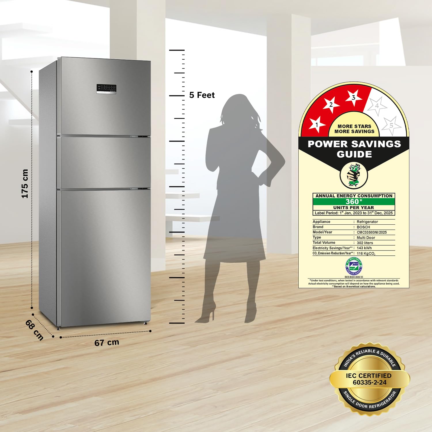 Bosch CMC33S03NI MaxFlex Convert 303L 3 Star Inverter Frost Free Triple Door Refrigerator ( 8-in-1 Convertible, UV Protected Body Shield, VitaFresh Technology, Adaptive UI, Sparkly Steel) Mahajan Electronics Online