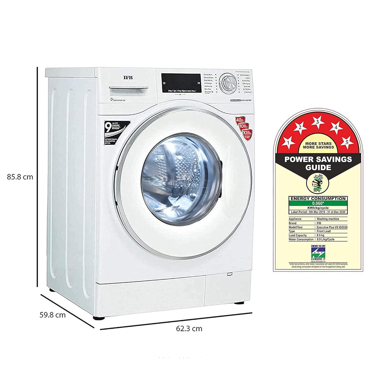 IFB EXECUTIVE PLUS VX ID 8.5 kg 5 Star Fully-Automatic Front Loading Washing Machine (Eco Inverter White, In-Built Heater, 4D Wash technology) Mahajan Electronics Online