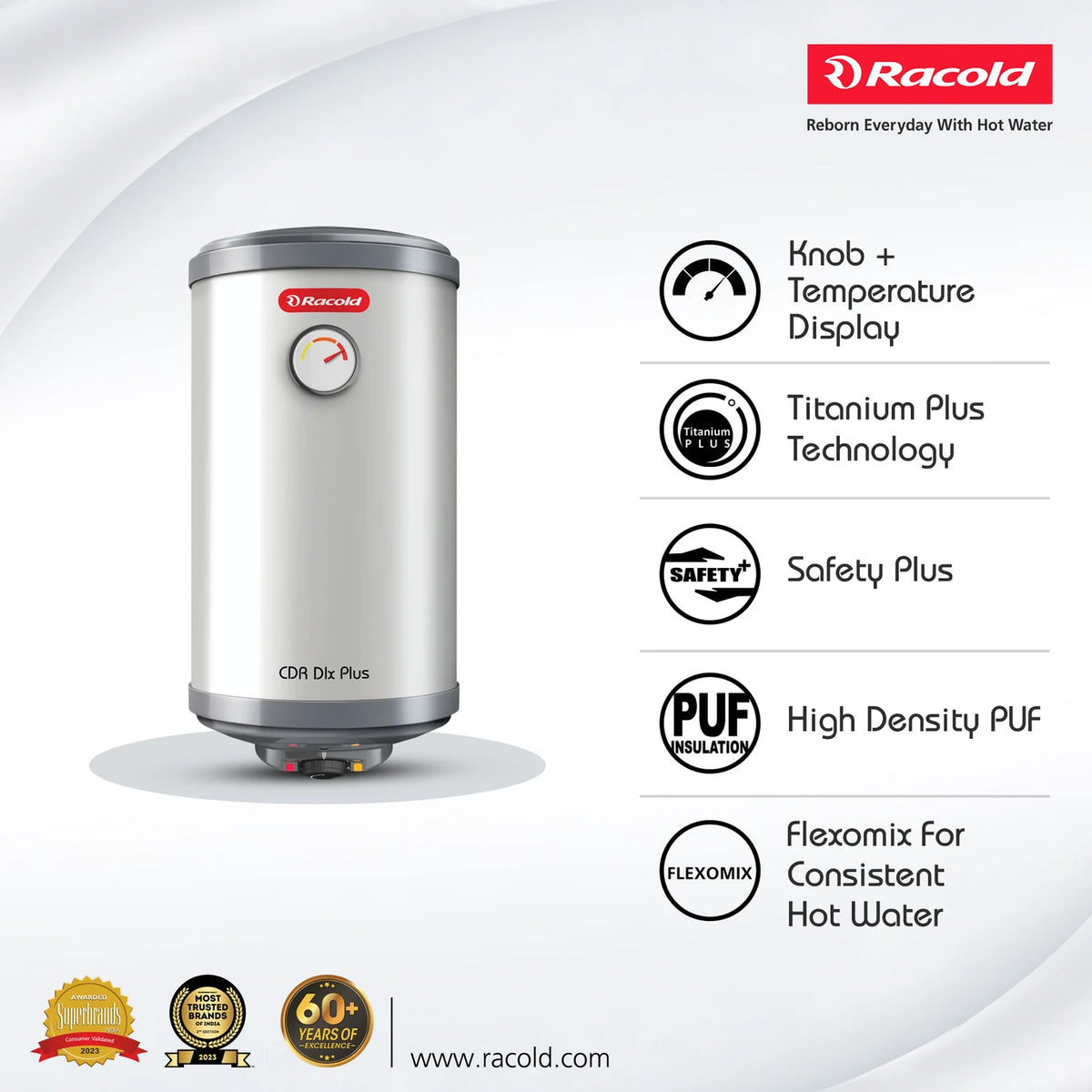 Racold CDR DLX Plus 25L 5 Star Storage Water Geyser – Titanium Plus Tank, Fast Heating, Vertical Mount Racold