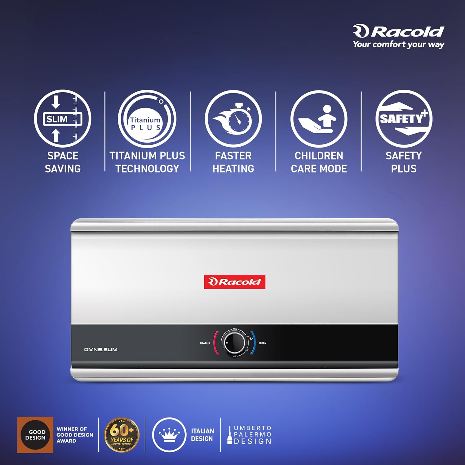 Racold Omnis Slim 25L Horizontal Energy Efficient Storage Water Heater (Geyser) With Free Standard Installation & Pipes |Italian Design| Shower Ready Indicator | Suitable For High Rise Buildings New Racold