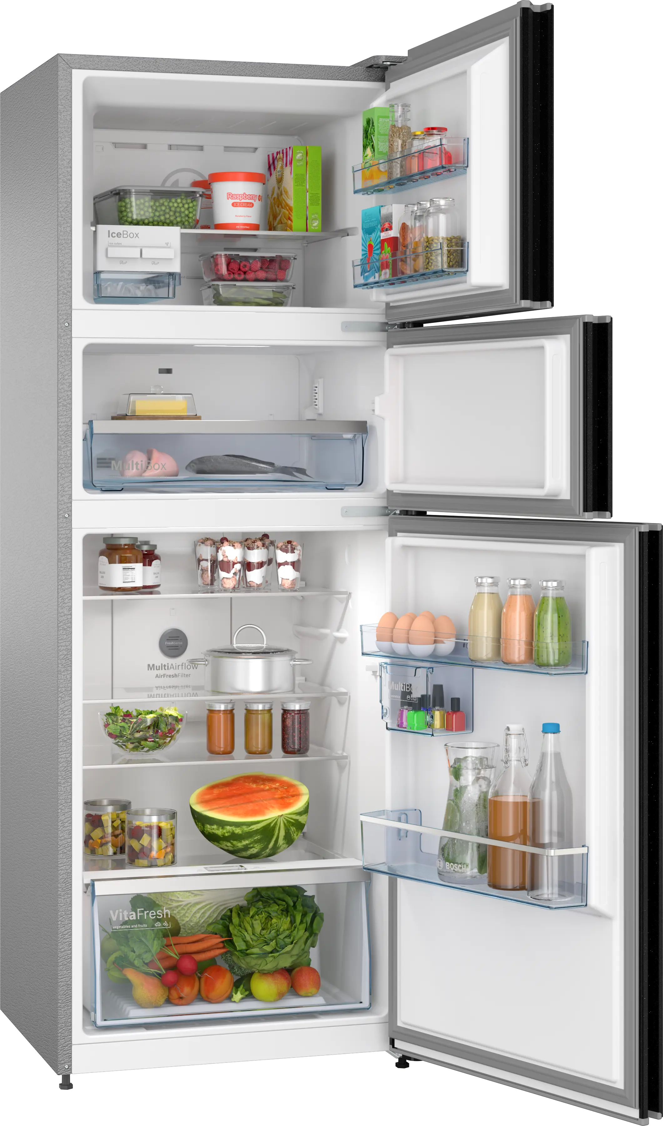 Bosch CMC36K23NI 335L Max Flex,3 Star,8 in 1 Convertible,Vario Inverter,Frost Free Triple Door Refrigerator,Black Pearl Interactive Display|18 Hrs Cooling Retention|Adaptive UI|Vita-Fresh Technology Mahajan Electronics Online