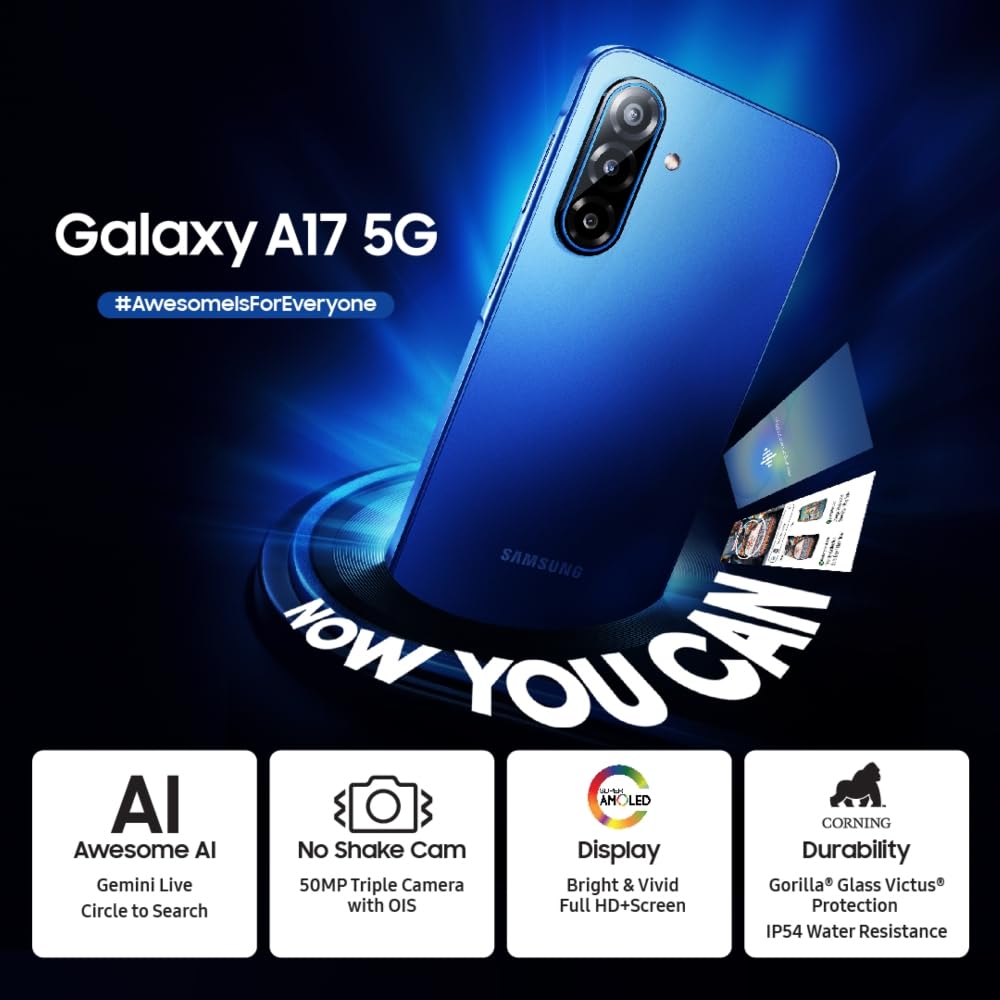 Samsung Galaxy A17 5G (Blue, 8GB RAM, 128GB Storage) | with Travel Adapter | 50 MP No Shake Camera | Gemini Live | Circle to Search | Super AMOLED | Corning Gorilla Glass Victus | 7.5mm Sleek | AI Mahajan Electronics Online