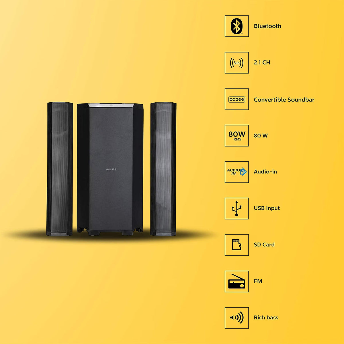 PHILIPS Convertible Soundbar MMS8085B, 2.1 Channelannel with Multipoint-Connectivity Option, USB in, Bluetooth Connectivity 80 Watt, Superior Sound, RiChannel bass (Black) Philips