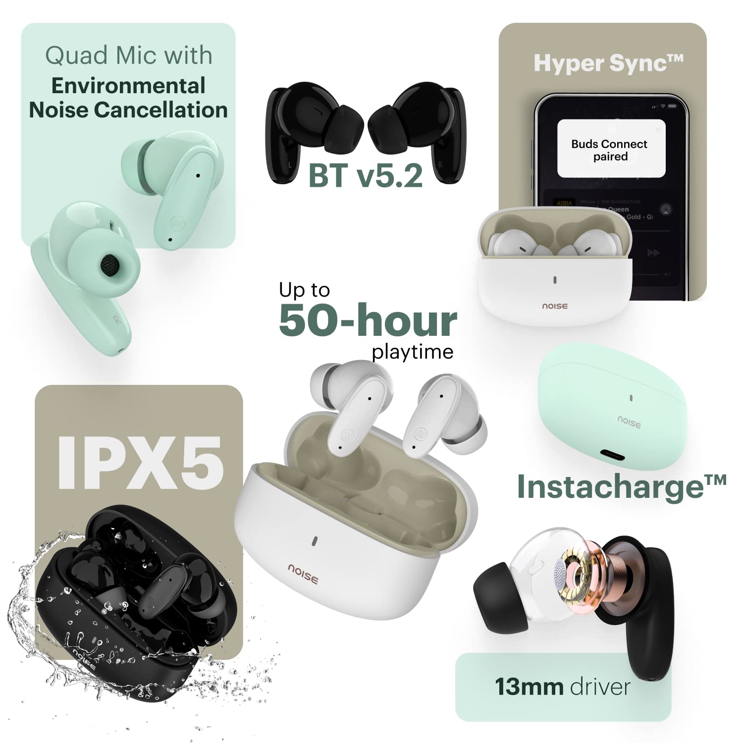 Noise Buds Connect Truly Wireless in Ear Earbuds with 50H Playtime, Quad Mic with ENC, BT v5.2 (Carbon Black) - Mahajan Electronics Online