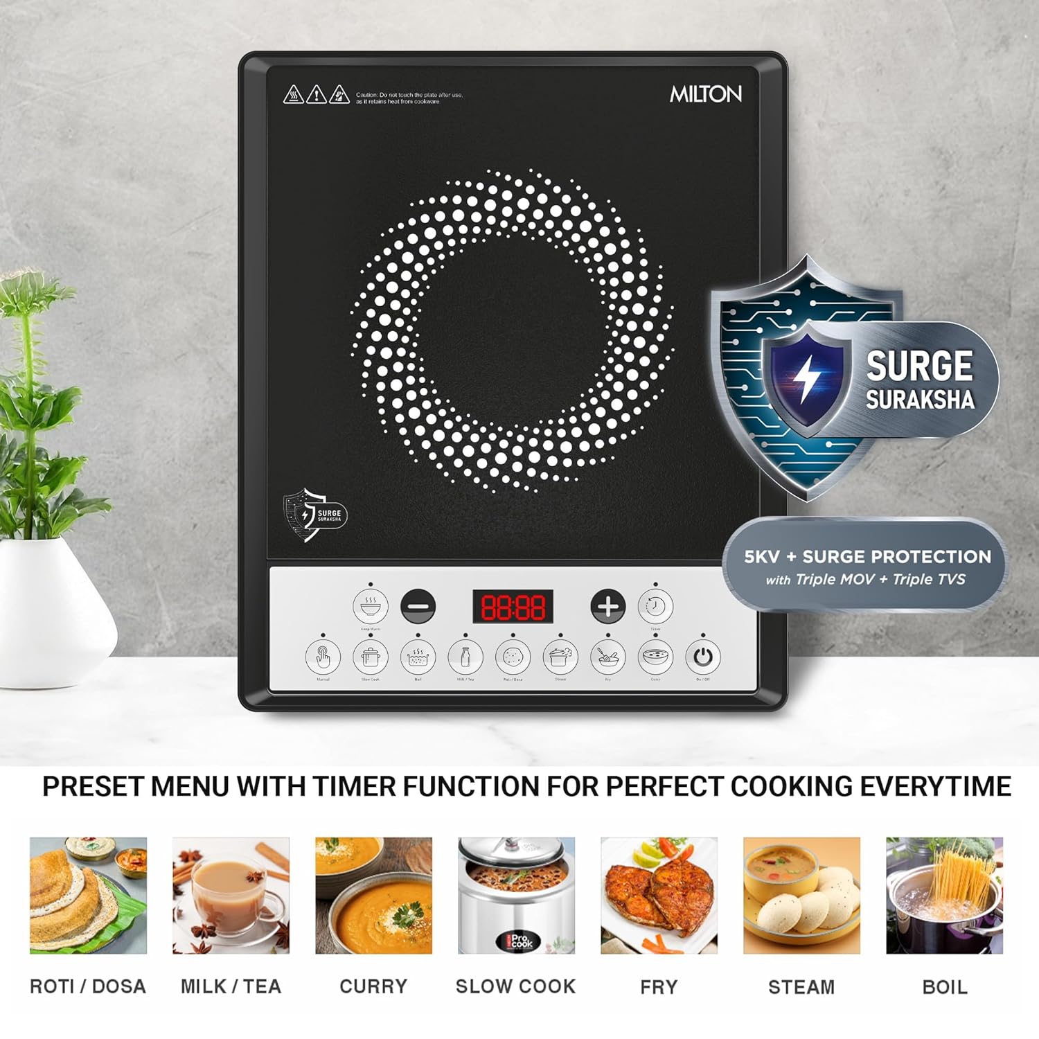 Milton Euroline Elio 16.0 Portable Induction Cooktop (1600W) | LED Display | 5KV Surge Protection | Timer &amp; Preset Menu | Child Lock | Model HICPB16.0 Mahajan Electronics