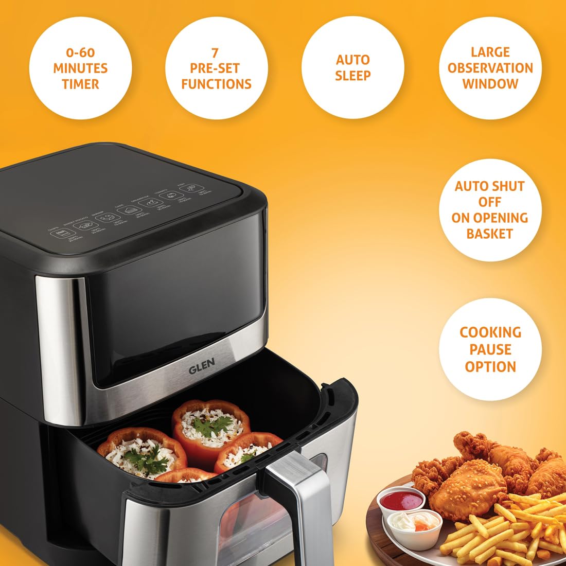 Glen SA3043 DSS Air Fryer, 6.0 Litre Digital Controls, 7 Pre Set Menu Timer, Temperature Control, 1500W -Black & Silver - 2 years warranty - Mahajan Electronics Online