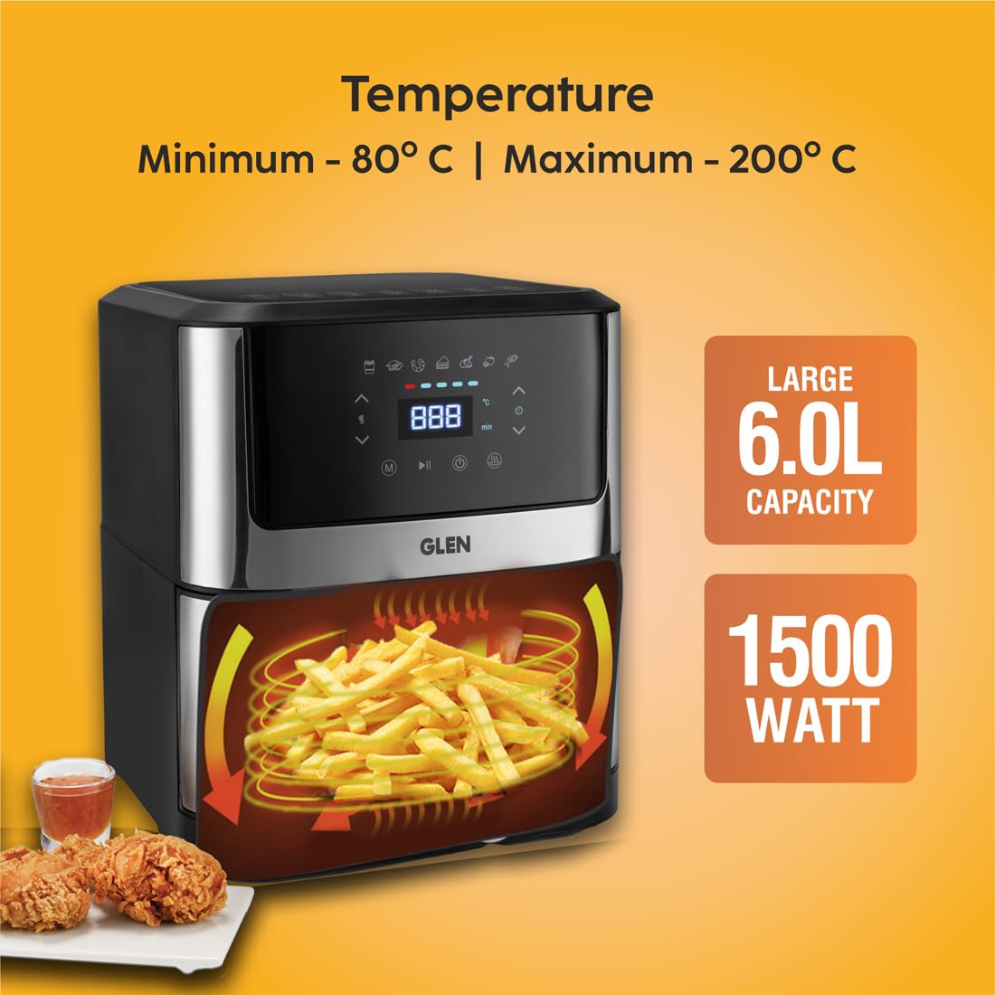 Glen SA3043 DSS Air Fryer, 6.0 Litre Digital Controls, 7 Pre Set Menu Timer, Temperature Control, 1500W -Black & Silver - 2 years warranty - Mahajan Electronics Online