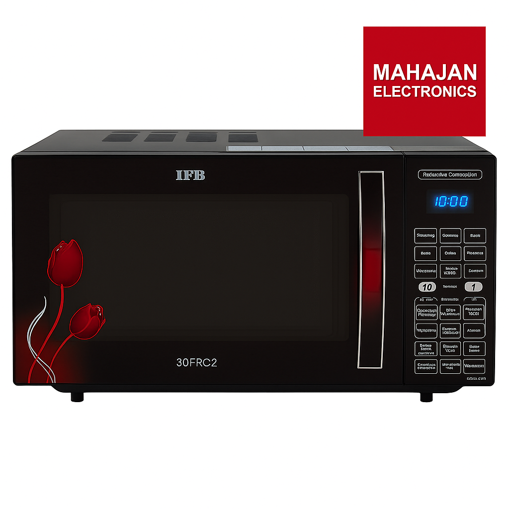 Black microwave oven with red floral design on a white background, featuring the IFB brand.