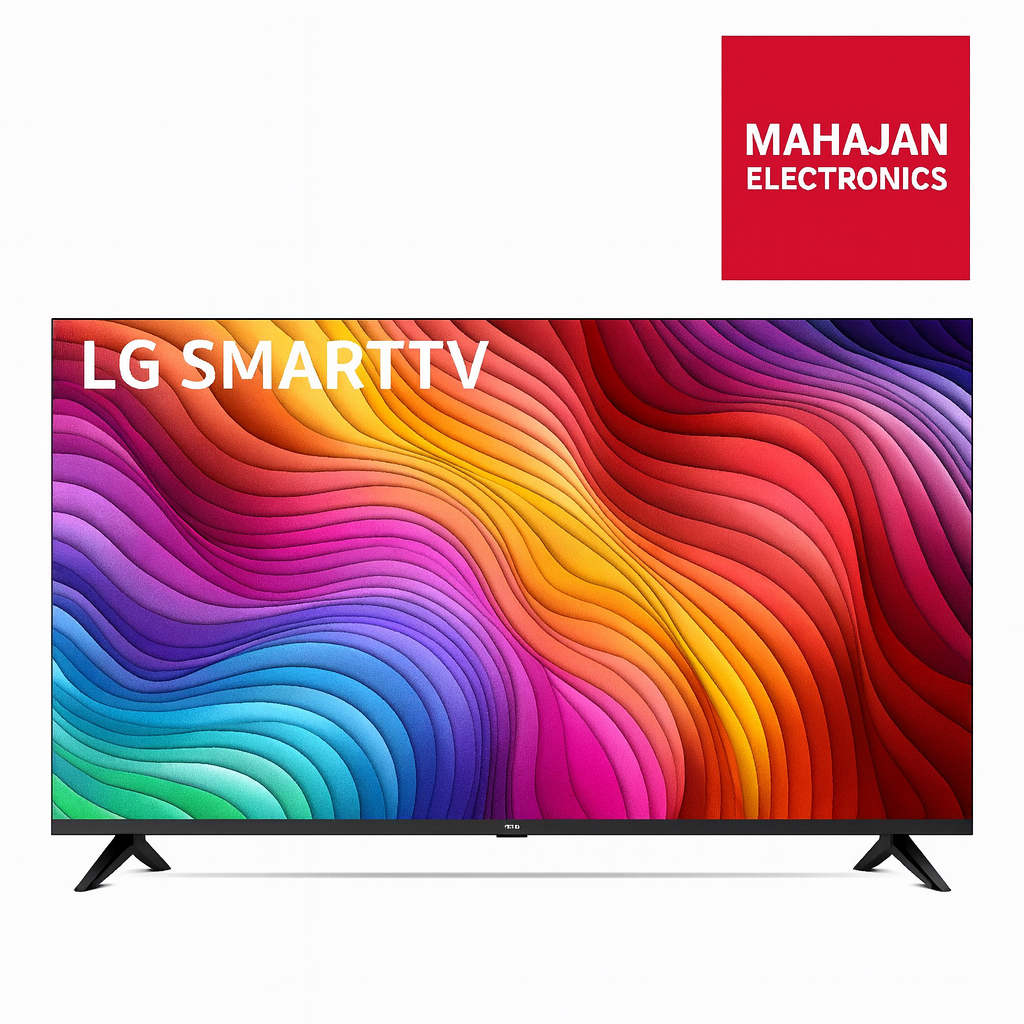 LG SMARTTV with colorful display and Mahajan Electronics logo above
