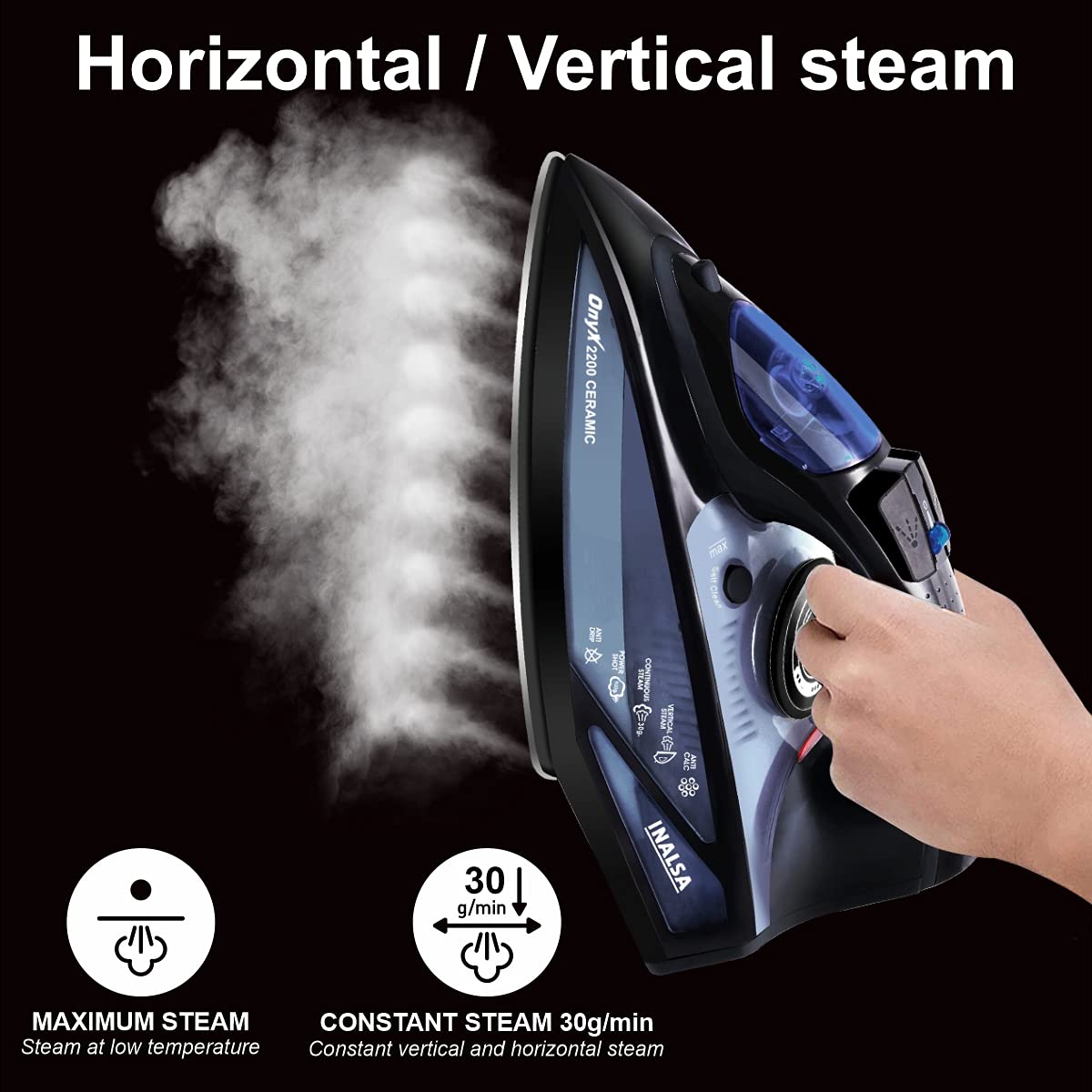 Inalsa Steam Iron Onyx 2200 Watt, Quick Heat Up with up to 30 g/min steam, 100 g steam Boost, Water Spray, Scratch Resistant Ceramic Soleplate, Vertical steam, Anti Drip & Anti Calc Functions. INALSA