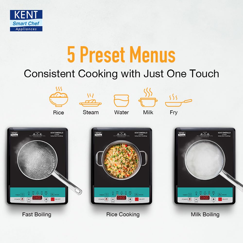 KENT Emerald Induction Cooktop 1500W|Faster Cooking With 5 Preset Options|Full Microcrystalline Glass|Adjustable Temperature Function|Overheat Protection|Safe Cooking And Easy Cleaning,Black Mahajan Electronics Online