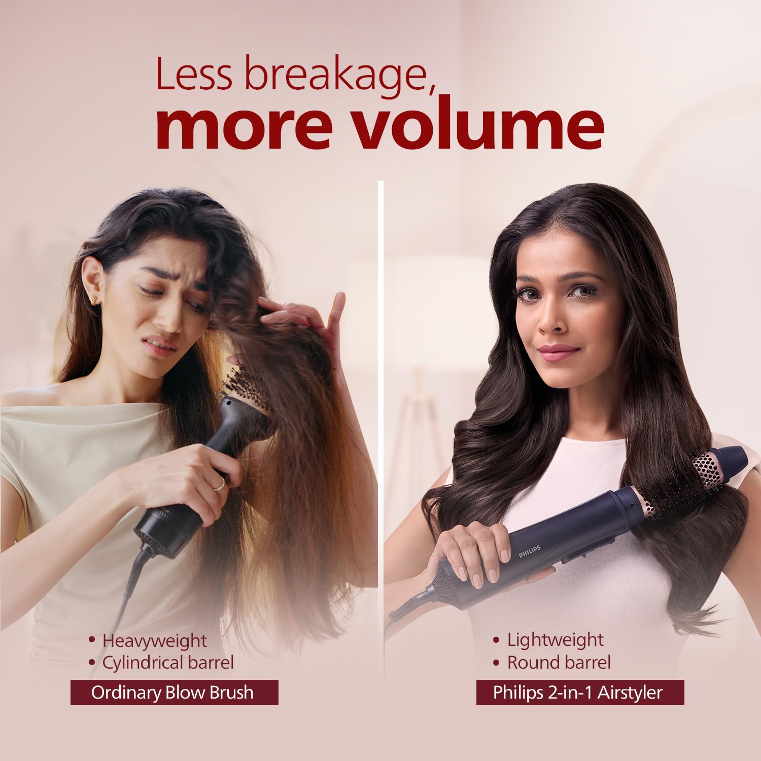Philips BHA531/10 India’s No.1 Hair Styling Brand 2-in-1 Airstyler | Straightening Brush + Hot Air Brush Combo | 3X Volume | 50% Less Breakage,2 Attachments, 3 Heat Settings, Cool Shot, For Indian Hair Philips