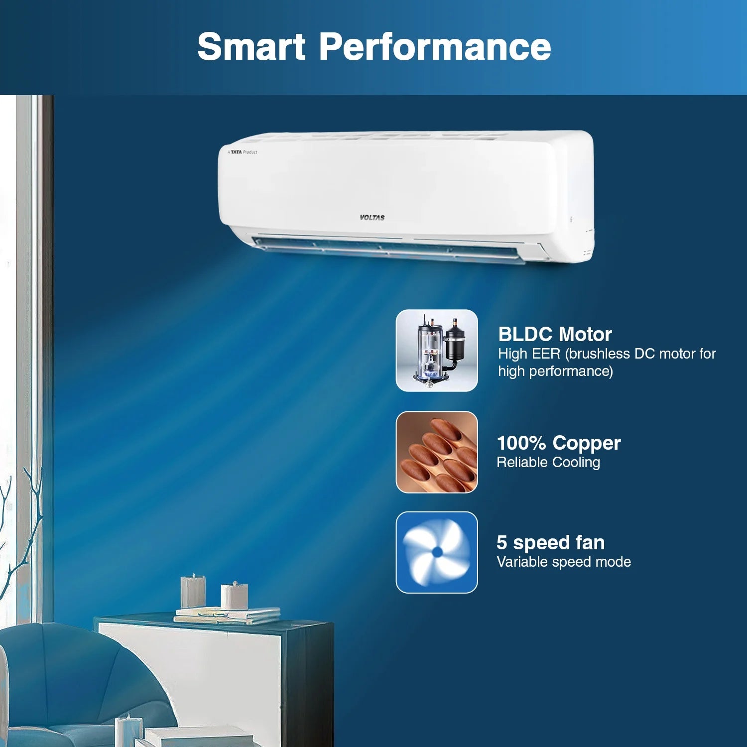 Voltas 1.5 Ton 3 Star Fixed Split AC Copper, 183 Vectra Elegant , White - Mahajan Electronics Online