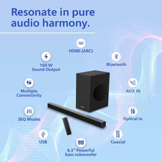 PHILIPS Audio TAB4228/94 2.1Ch 160W Bluetooth Soundbar with Rich Bass, 3 EQ Modes, Multi-Connectivity Option with Supporting USB, HDMI(ARC), Optical, Coaxial & Aux-in for Easy Connection (Black) Mahajan Electronics Online