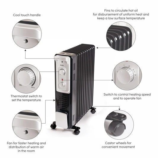 Glen HA7015 Oil Filled Radiator Room Heater 2500W with Turbo Ceramic Fan 400W Black - 11 Fin Mahajan Electronics Online