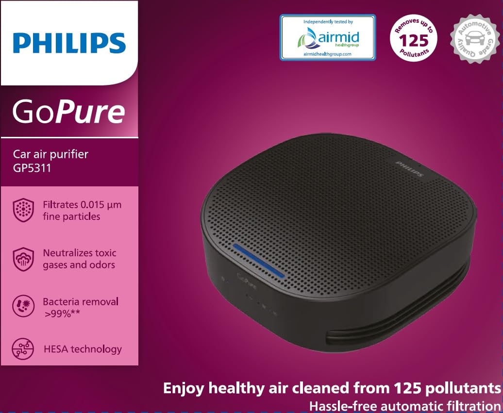 Philips GoPure 5311 Car Air Purifier | Removes 125 pollutants | Filters ultra fine particles >0.015um | Hepa+Hesa | 3-level air quality indicator | detects PM2.5 | USB Type-C Mahajan Electronics online