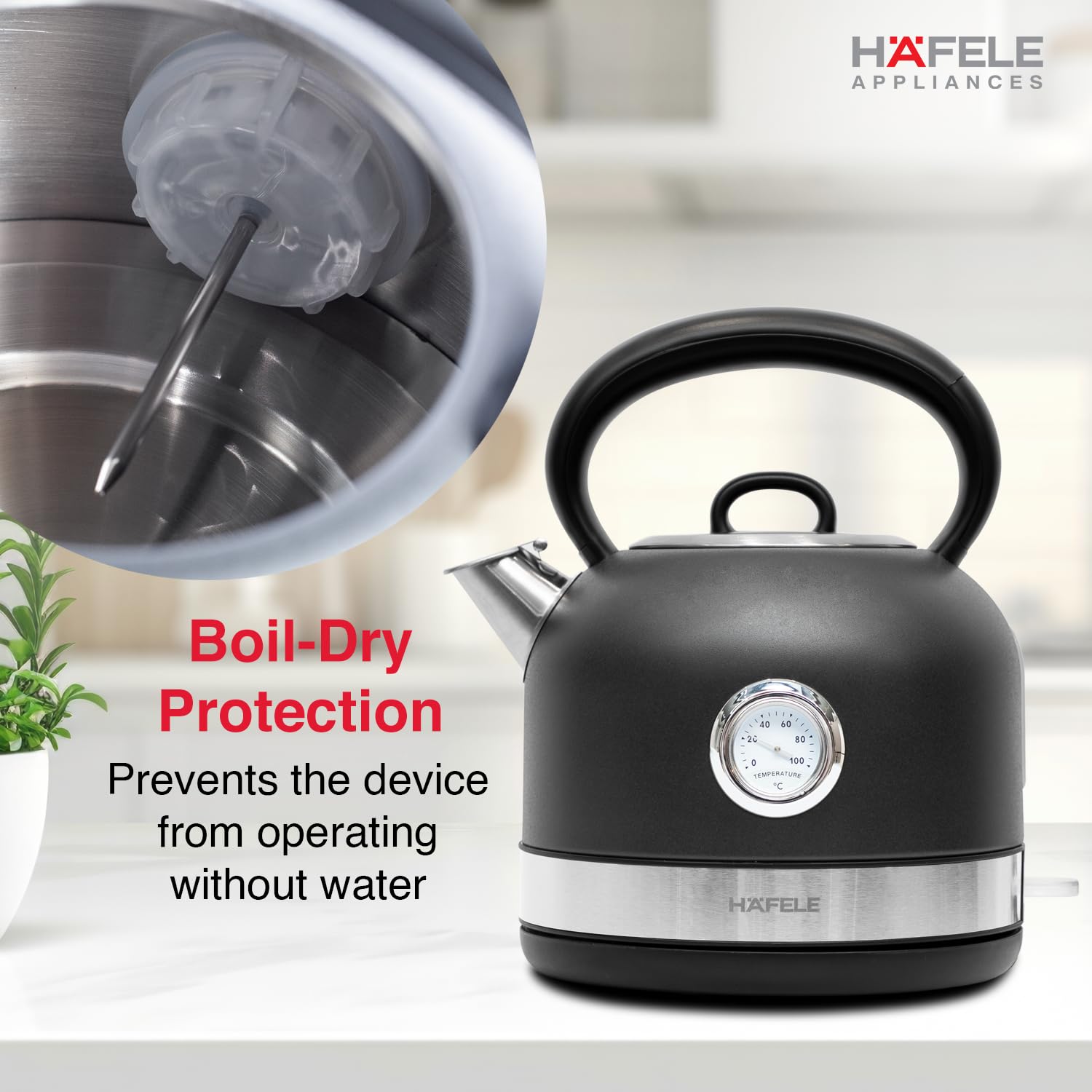 Hafele Dome Plus 2200W, 240V Electric Stainless Steel Kettle with Spout Cover with Analogue Temperature Display Mahajan Electronics Online