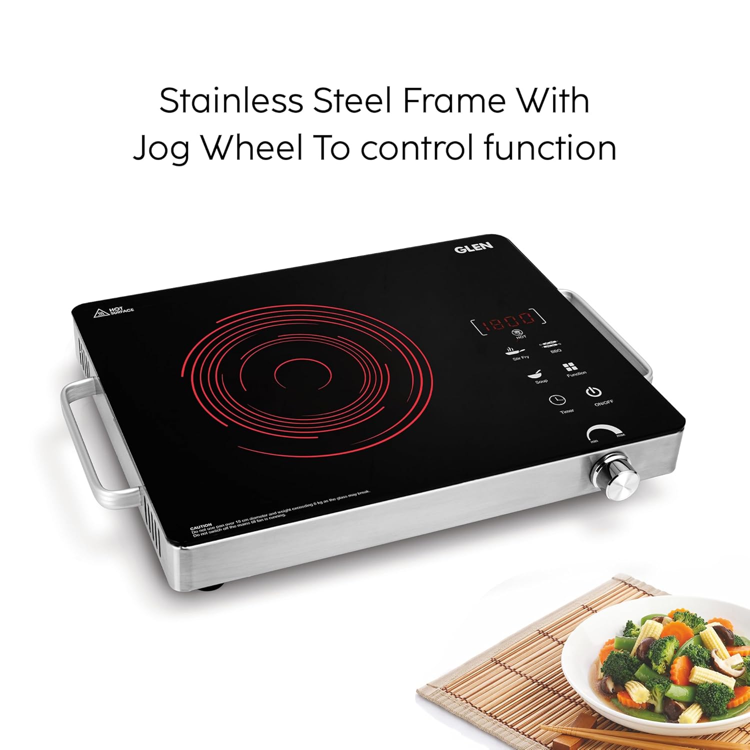 Glen SA 3072 IR 2200W Infrared Cooktop with Steel Grill Rack, Touch Control, Polished Crystal Glass Plate, Digital Display, 4 Preset & Timer, 4.5kV Surge Protection | Compatible with All Metals & Flat Bottom Mahajan Electronics Online