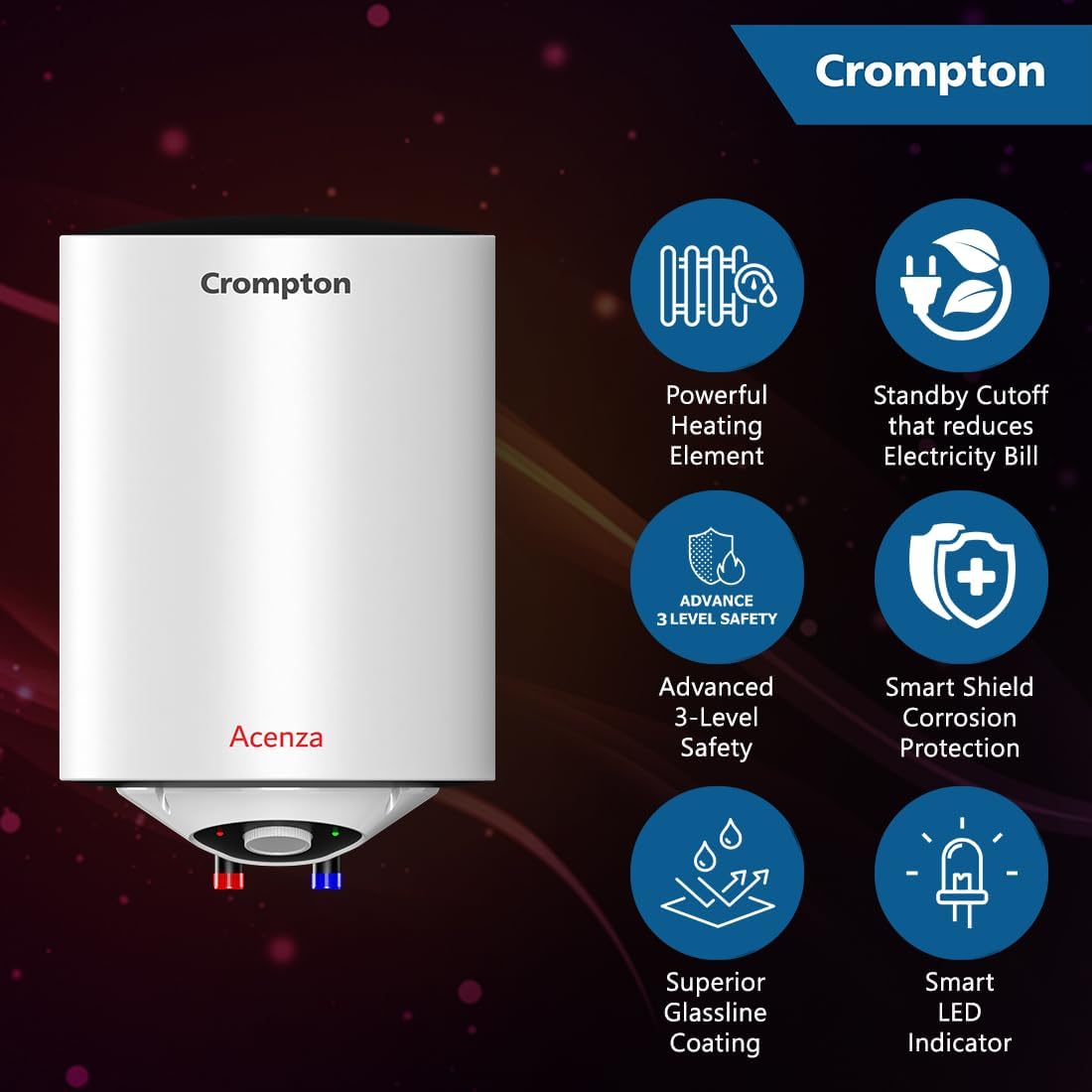 Crompton Acenza Plus 15L Storage Water Heater (Geyser), ASWH-6115 | 5 Star BEE Rated | Superior Glassline Coated Tank | 8 Bar Pressure | Copper Heating Element | Advanced 3-Level Safety | White Mahajan Electronics Online