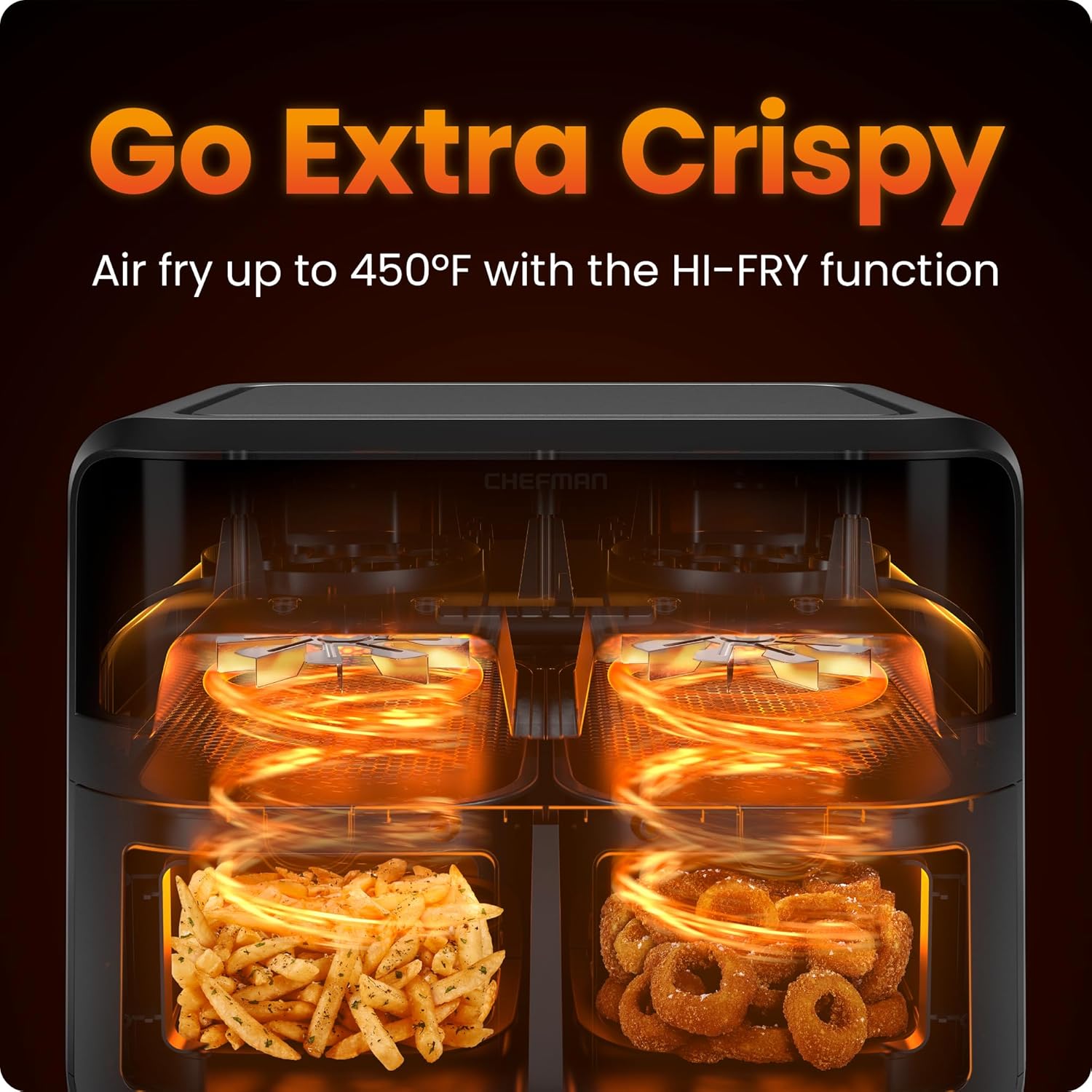Chefman RJ38-SQPF-3TDB-2W-IN TurboFry Touch Dual Air Fryer, Maximize The Healthiest Meals With Double Basket Capacity, One-Touch Digital Controls And Shake Reminder For The Perfect Crispy And Low-Calorie Finish Mahajan Electronics Online