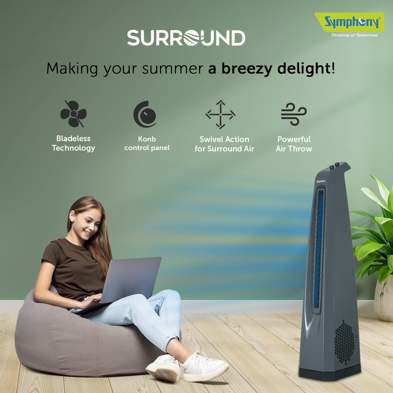 Symphony Surround Bladeless Tower Fan for Room & Office | High-Speed with Swivel Action & Simple Knob Control | Low Power Consumption | 1 Year Warranty | Grey Mahajan Electronics Online