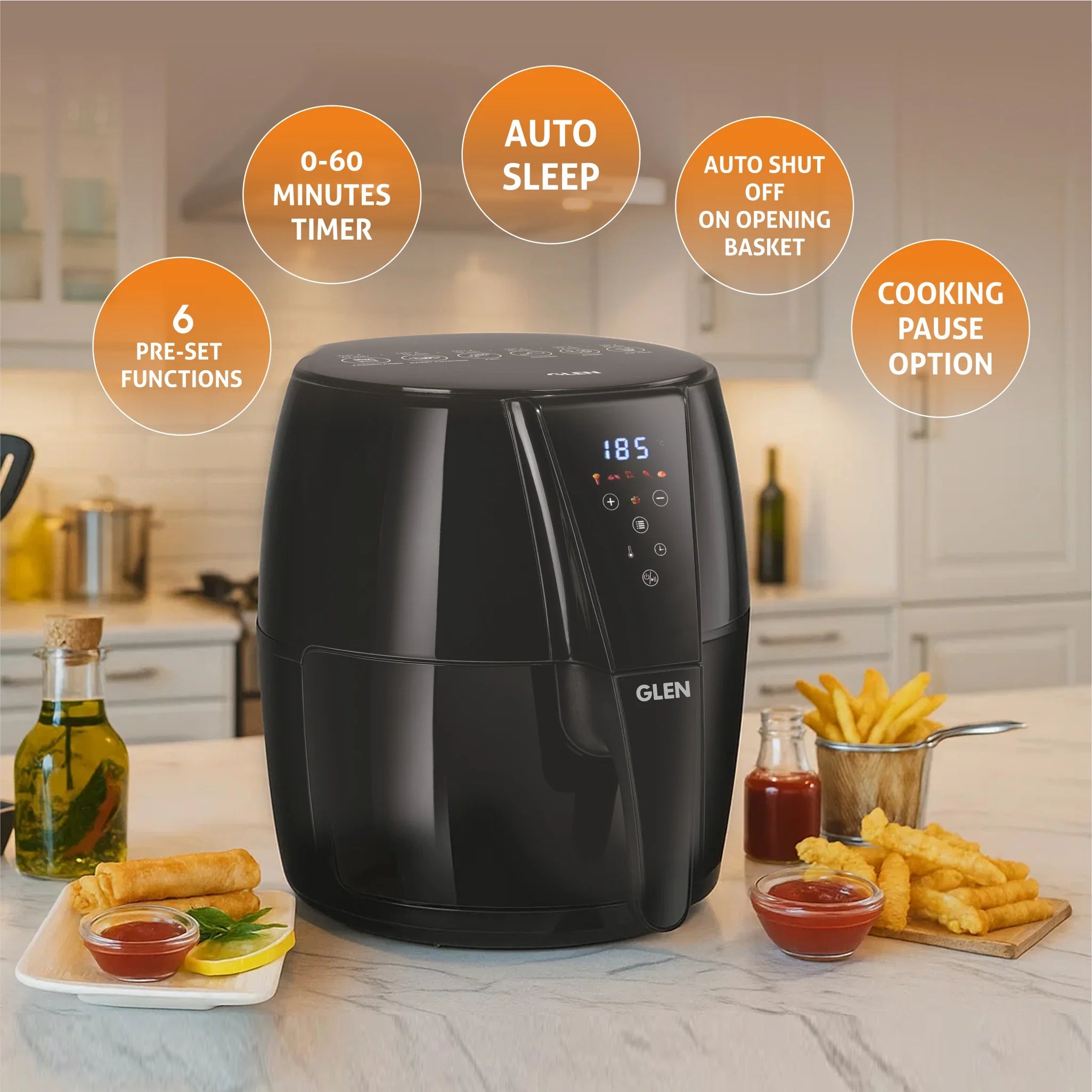 Glen SA3041DIGI Air Fryer, 5.0 Litre Digital Controls, 6 Pre Set Menu Timer, Temperature Control, 1500W -Black Mahajan Electronics Online