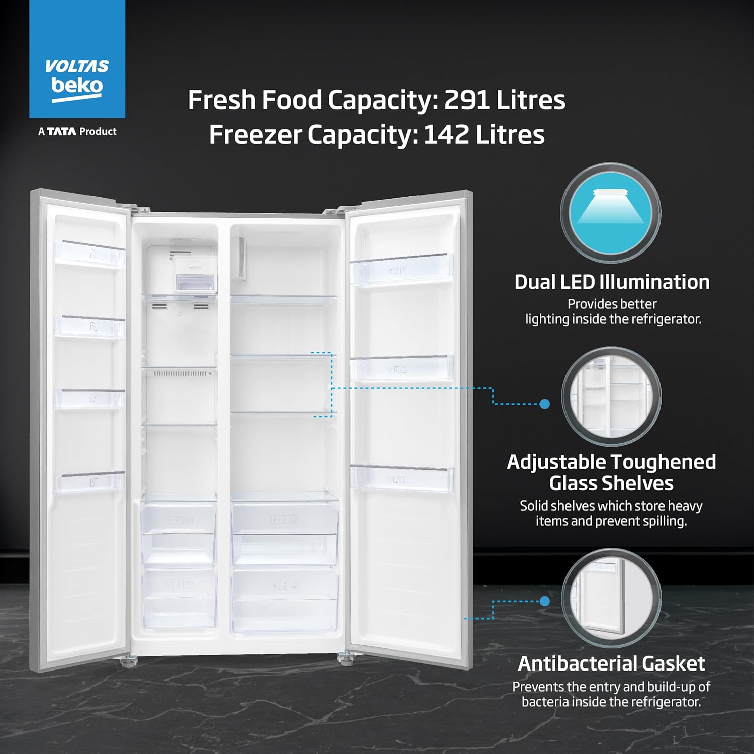 Voltas Beko RSB495/FPV300RXID 472 L Side by Side Frost Free Refrigerator with ProSmart Inverter Compressor (2024 Model, INOX, Electronic Temperature Control and Display) Mahajan Electronics Online