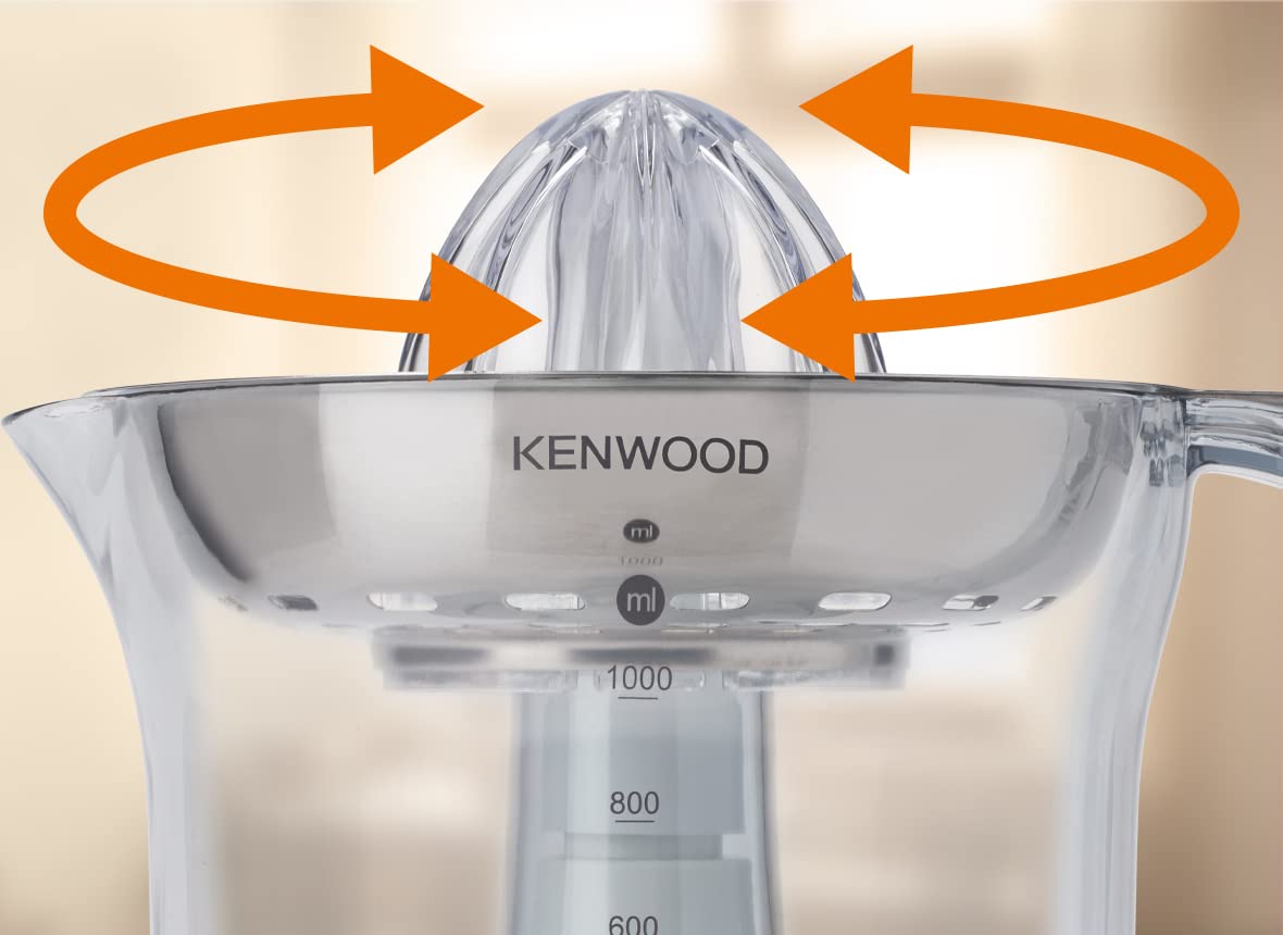 Kenwood JE290A Electric Citrus Juicer, 1 Litre Capacity, 40 Watts, Automatic Juice Extractor for Citrus Fruits, Stainless Steel Filter, 2 Way Rotation, Portable Fruit Squeezer, Transparent Jar, White Mahajan Electronics Online