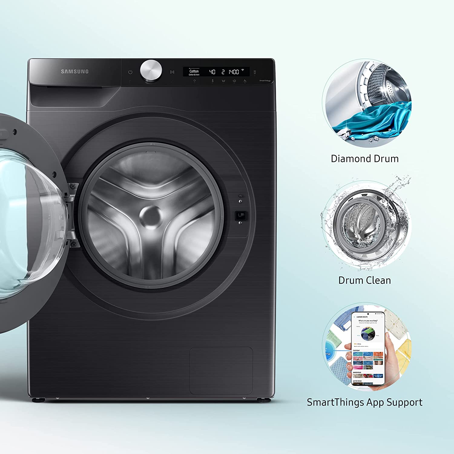 Samsung 12 Kg 5 Star Wi-Fi Inverter Fully-Automatic Front Loading Washing Machine (WW12T504DAB/TL, Black Caviar, In-Built Heater) - Mahajan Electronics Online