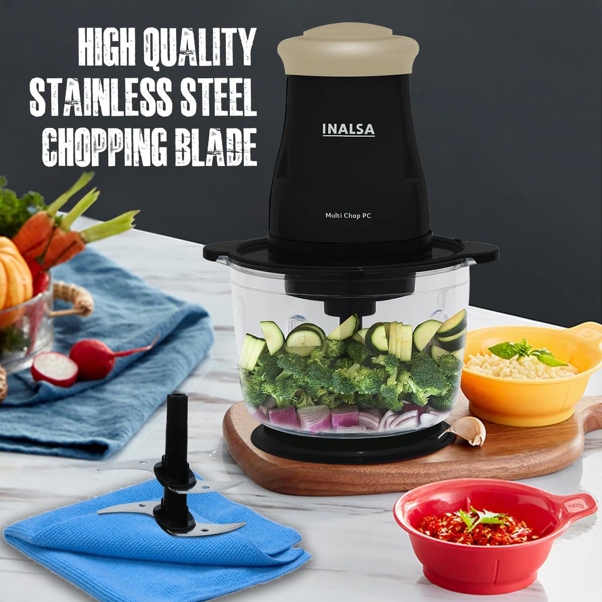 INALSA Multi Chop PC  Electric Chopper for Kitchen &Meat Grinder|1.5 LCapacity|Unbreakable Bowl|400W Motor|2 Yr Warranty INALSA