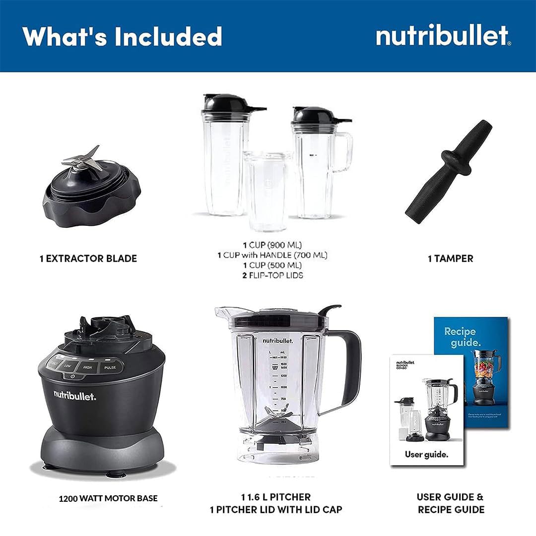 Nutribullet NBC-1209DG 1200W Combo Blender,  Mixer, Grinder, Smoothie Maker, Food Processor, "The Original Nutribullet", 3 Unbreakable Jars, 1.8L Extra Large Pitcher & Tamper, 2yrs warranty (Dark Grey) Mahajan Electronics Online
