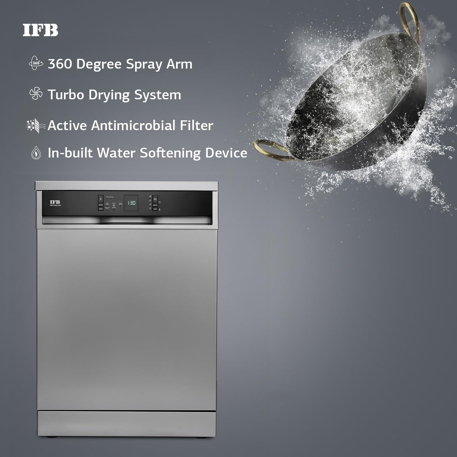 IFB Neptune VX15 15 Place Settings with DeepClean® Technology Freestanding Dishwasher ( Dark Silver, 70° Hot Water Wash with Hygienic Steam Drying, Perfect for Indian Utensils) Mahajan Electronics Online