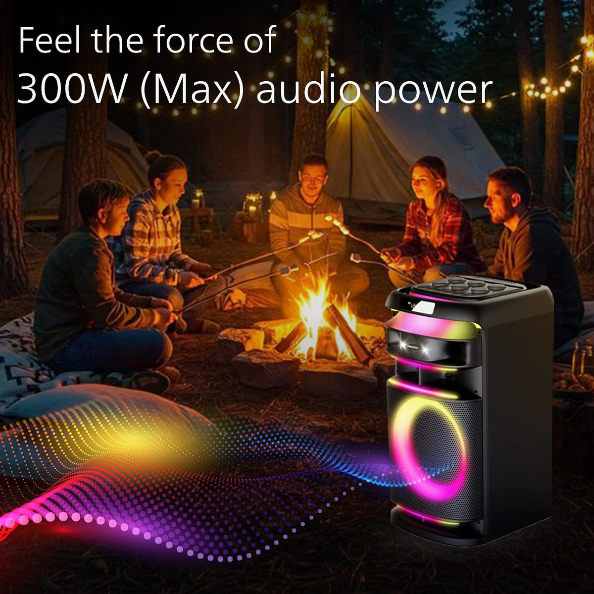 PHILIPS TAX3004 300W Bluetooth Party Speaker with 2 Free Wireless Mic, Powerful Sound, Deep Bass, RGB Lights, LED Display, Portable Loudspeaker with USB, AUX, DJ Party Effects for House Party Philips