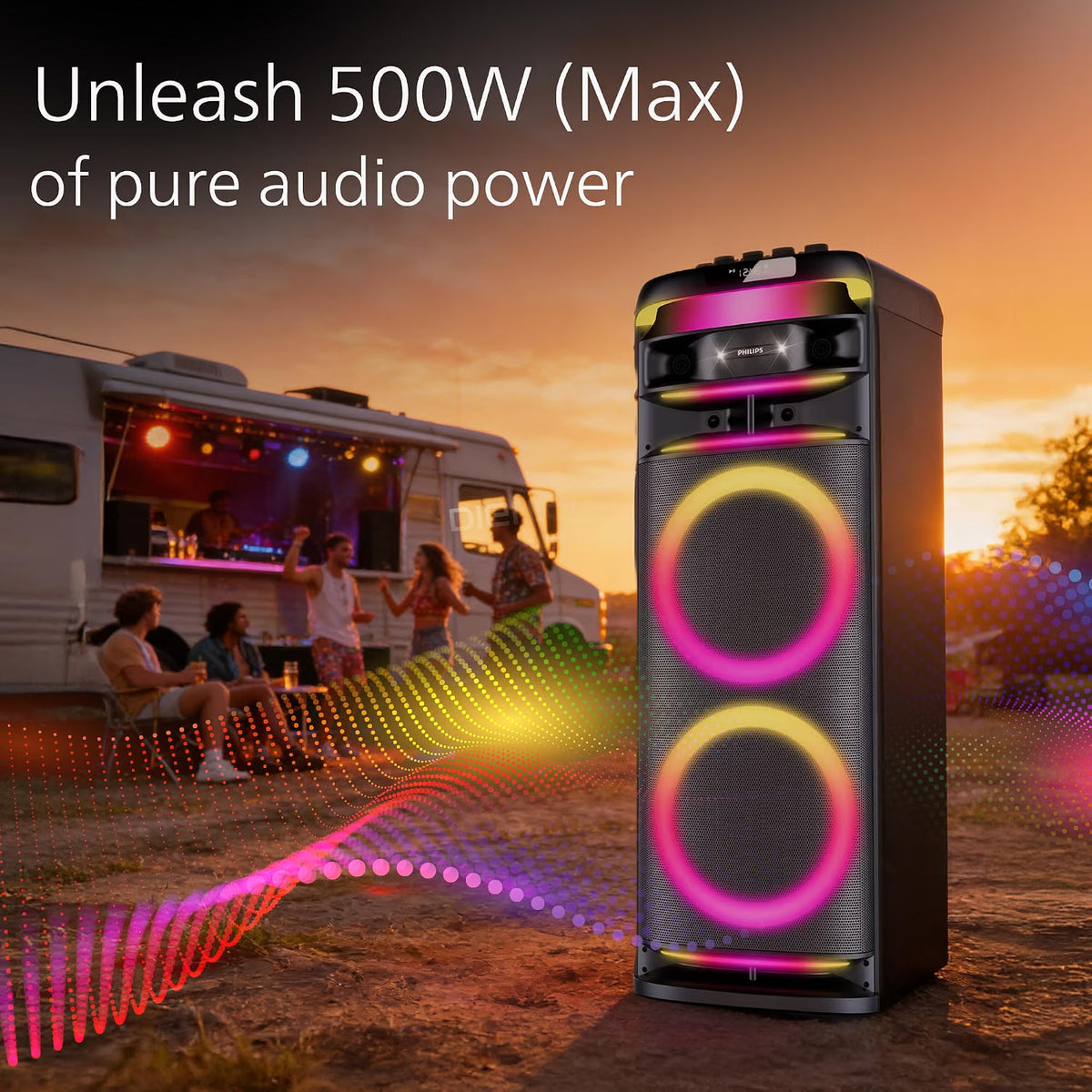 PHILIPS TAX5004 500W Bluetooth Party Speaker with 2 Free Wireless Mic, Powerful Sound, Deep Bass, RGB Lights, LED Display, Portable Loudspeaker with USB, AUX, DJ Party Effects for House Party Philips