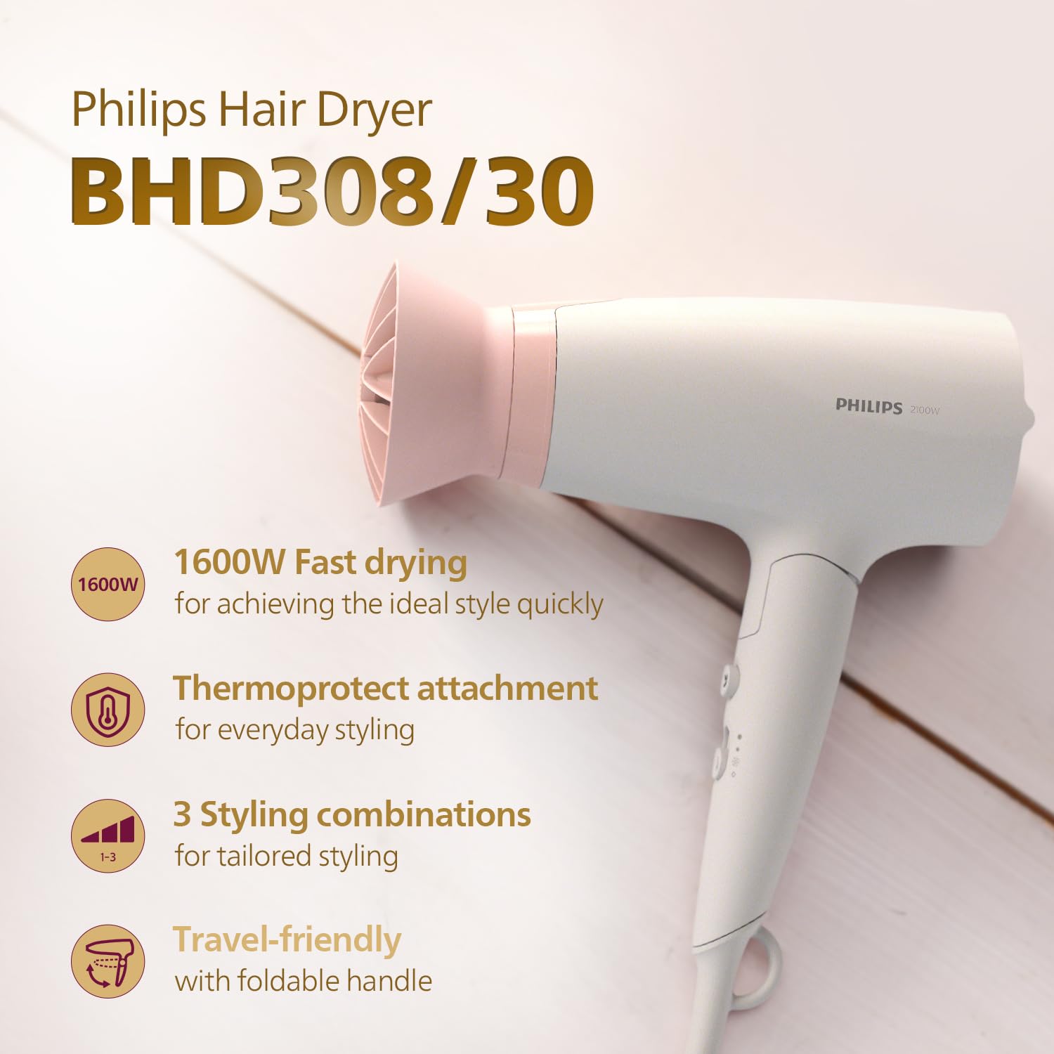 Philips BHD308/30 Foldable Hair Dryer 1600 Watts|  Heat Settings with Cool Shot (Hot/Cool/Warm) | ThermoProtect Airflower Attachment- Pink |  White | Perfect Blow Dry & Style for Men and Women | 2 years Warranty Philips