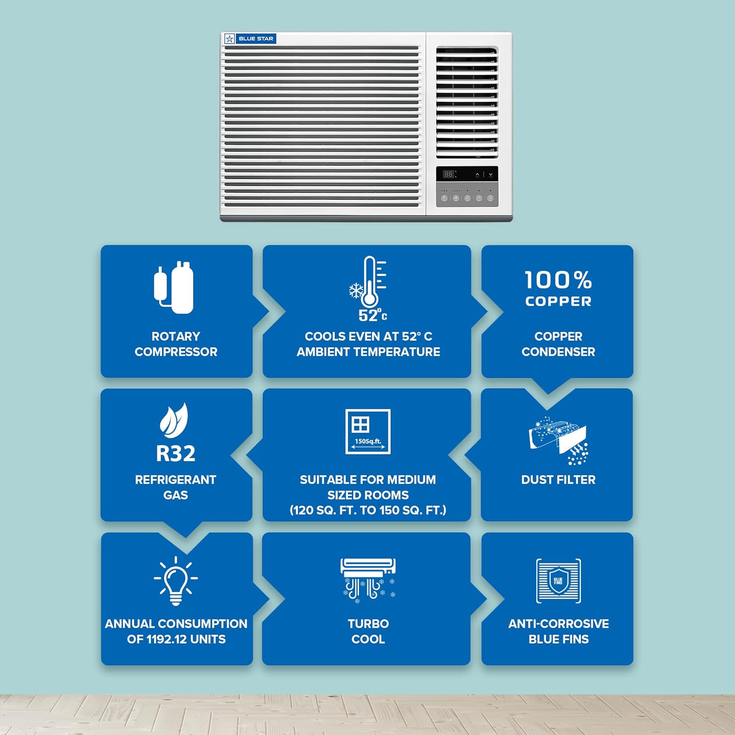 Blue Star WFE318P 1.5 Ton 3 Star Fixed Speed Window AC (Copper, Turbo Cool, Fan Modes-Auto/High/Medium/Low, Hydrophilic Blue Fins, Dust Filters, Self-Diagnosis, White)