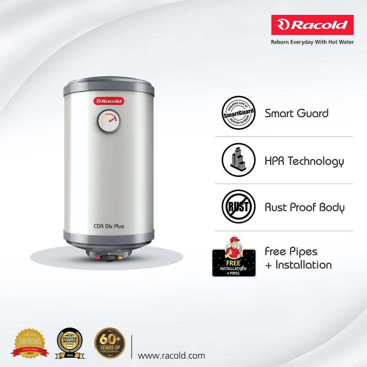 Racold CDR DLX Plus 25L 5 Star Storage Water Geyser – Titanium Plus Tank, Fast Heating, Vertical Mount Racold