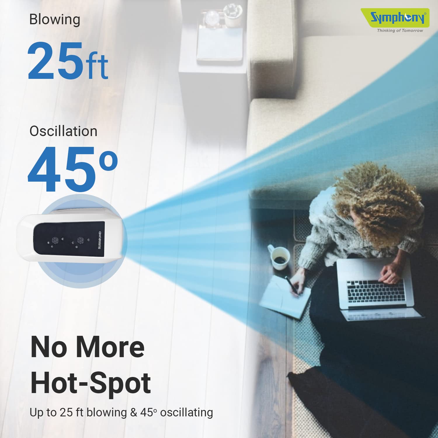 Symphony Surround Bladeless Tower Fan for Room & Office | High-Speed with Swivel Action & Simple Knob Control | Low Power Consumption | 1 Year Warranty | White Mahajan Electronics Online