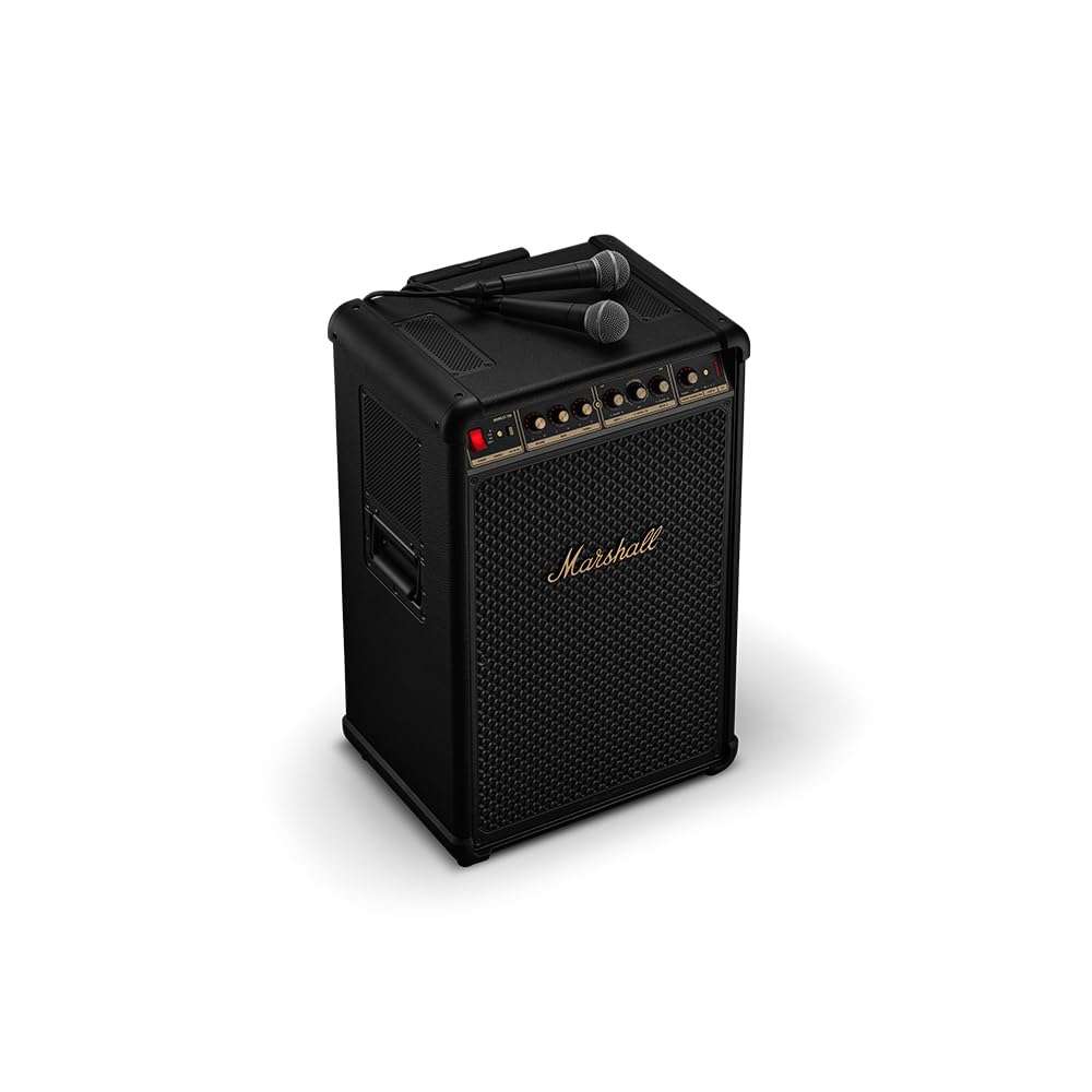Marshall Bromley 750 Portable Wireless Party Speaker - Loud Stereo Sound with Bass and Treble Controls | Bluetooth, 3.5 mm Aux, RCA, Microphone, Instrument Inputs | LED Lights - Black and Brass Mahajan Electronics Online