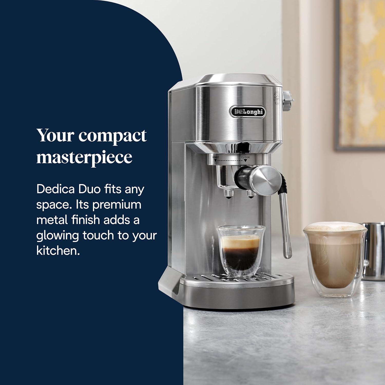 DeLonghi Dedica Duo EC890.M, Barista Coffee Machine with Pump, Espresso and Cold Brew, Manual Coffee Machine with LatteArt Steam Rod, 15 cm Wide, 2 Espresso, Touch Screen, Cup up to 13 cm, Metal Mahajan Electronics Online