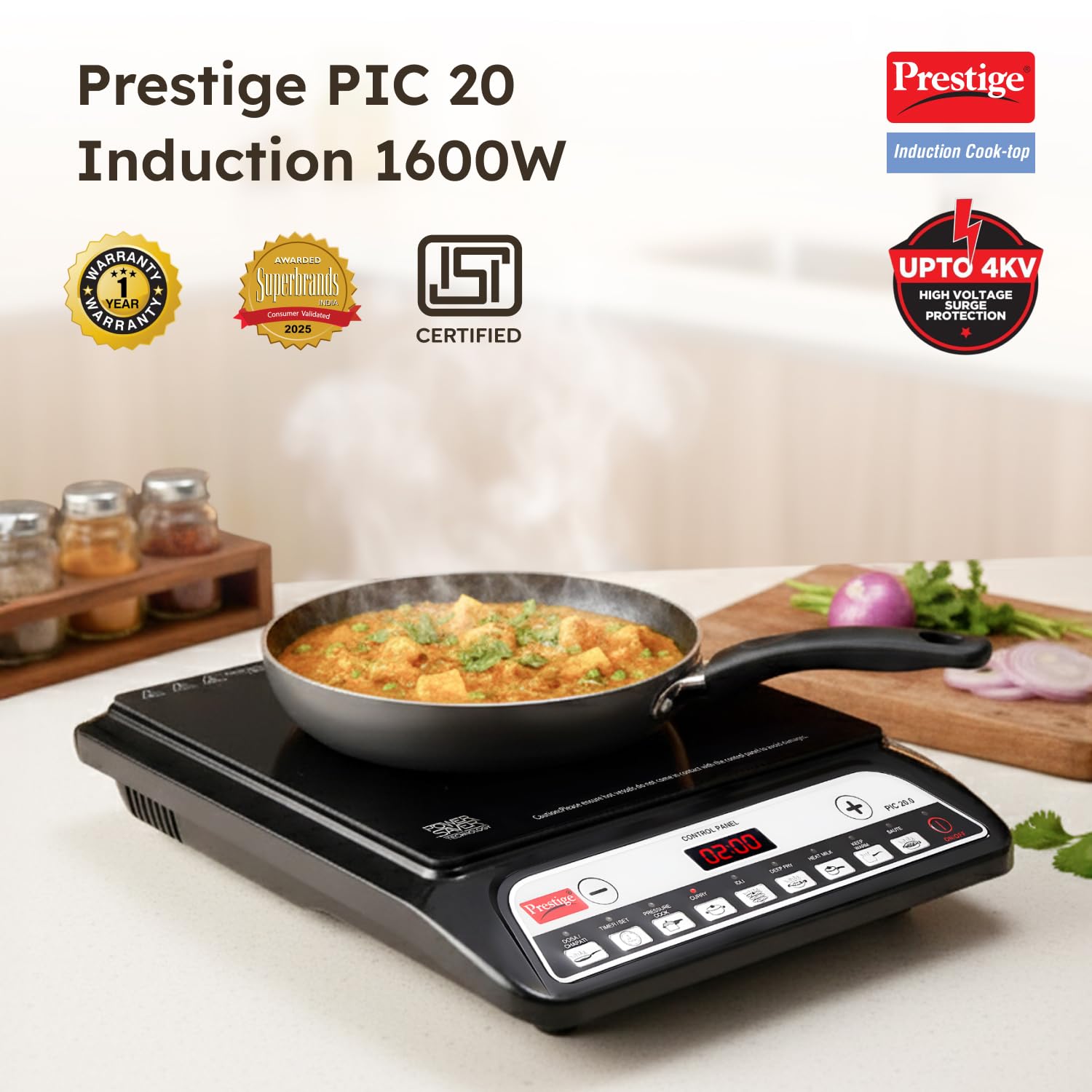 Prestige PIC 20 1600 Watts Induction Cooktop | 4KV Surge Protection | 8 Preset Indian Menu Options & Timer | Soft Touch Button | Easy to Clean | Portable | Black | 1Y Warranty | BIS Mahajan Electronics Online