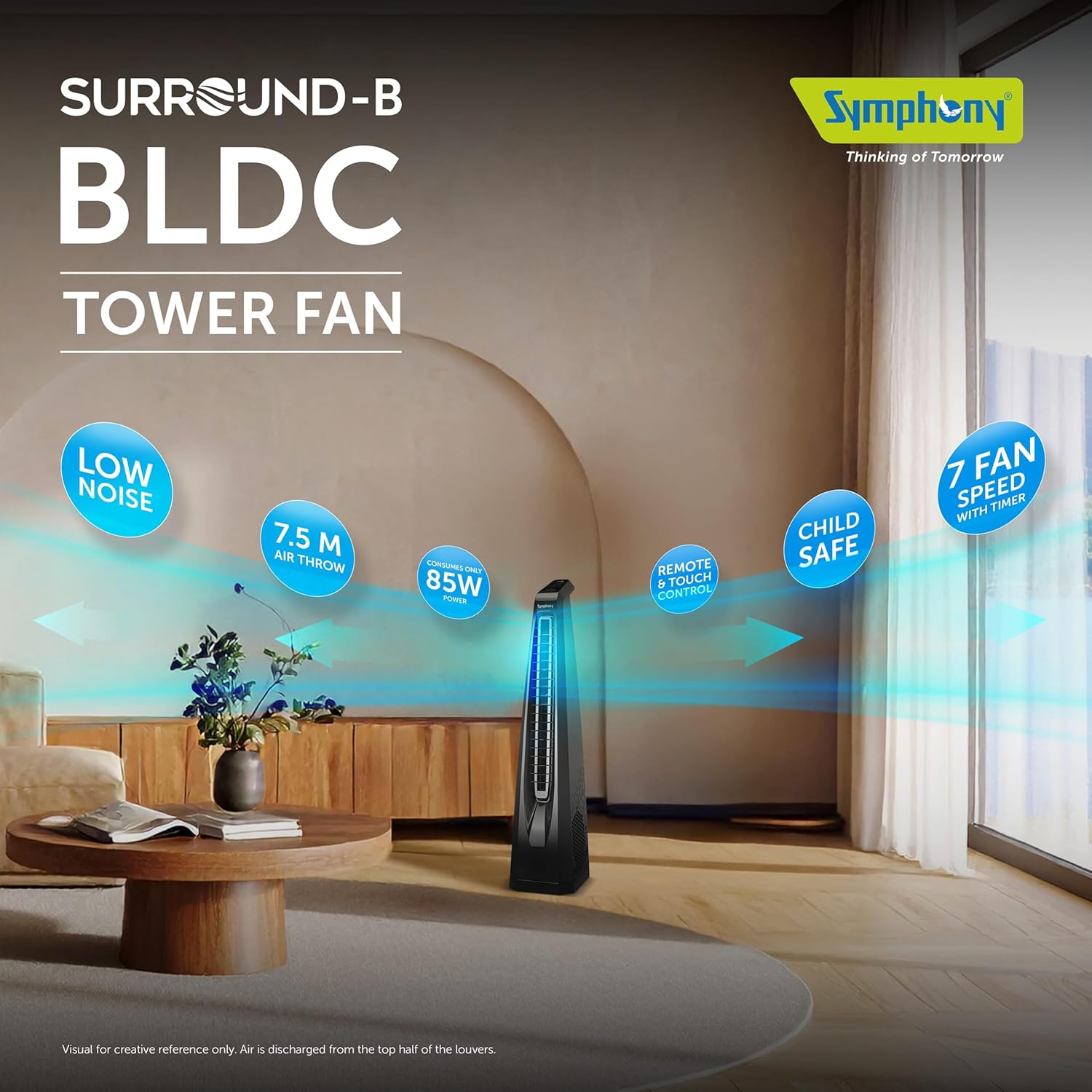 Symphony Surround B BLDC Bladeless Tower Fan For Room | Quiet & Energy-Saving with Remote Control | Touchscreen Control Panel | Low Power Consumption | 1 Year Warranty | Black Mahajan Electronics Online