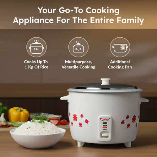 Prestige PRWO 1.8 L 700 W Electric Rice Cooker with Cool-Touch Body & Detachable Power Cord, White Prestige