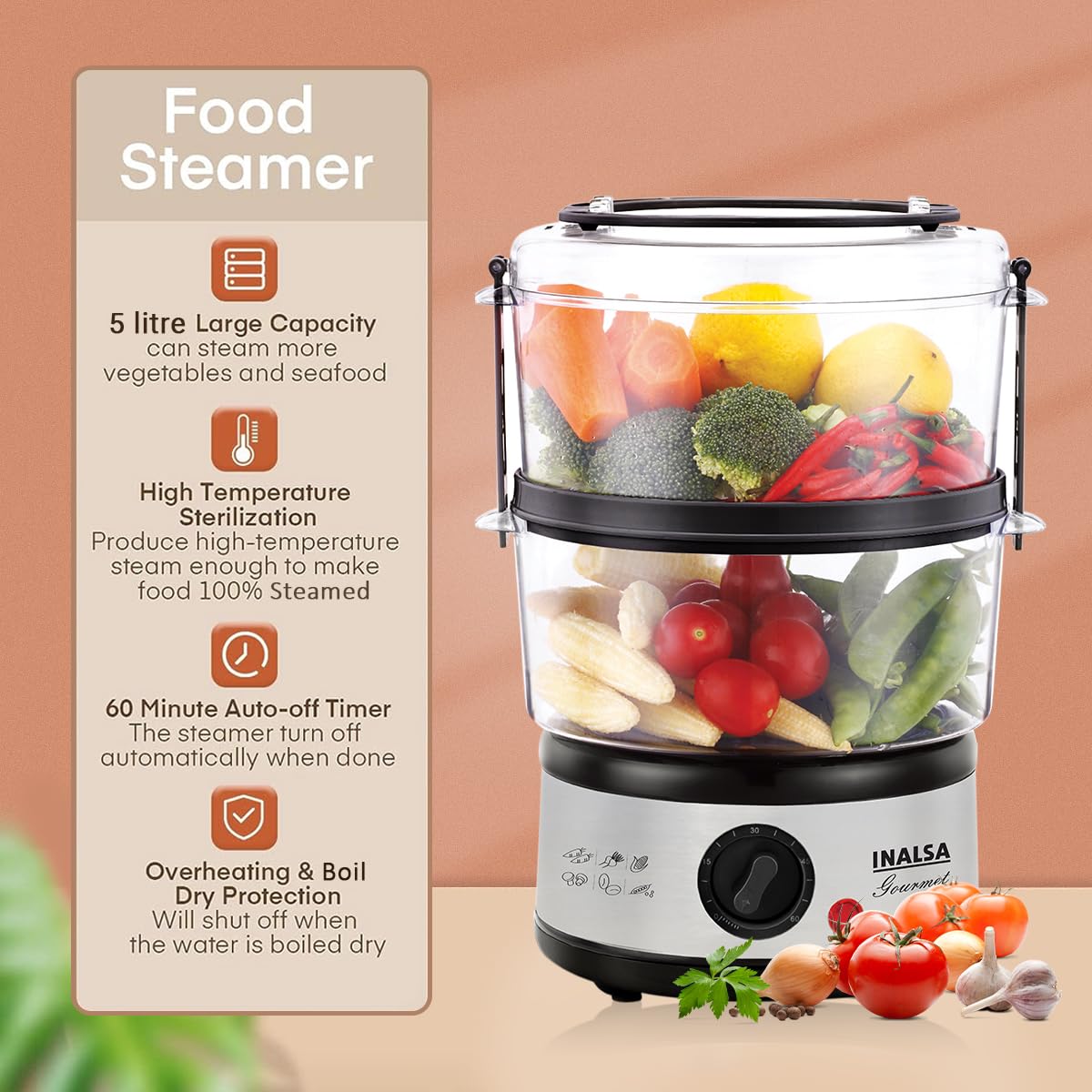 Inalsa 5L Gourmet Multi-Function 500W-Food Steamer & Egg Boiler with LED Indicator,BPA-Free 2 Tier Stackable Baskets,Stainless Steel Base,Fits 14 Eggs in One Go (Black/Silver) INALSA