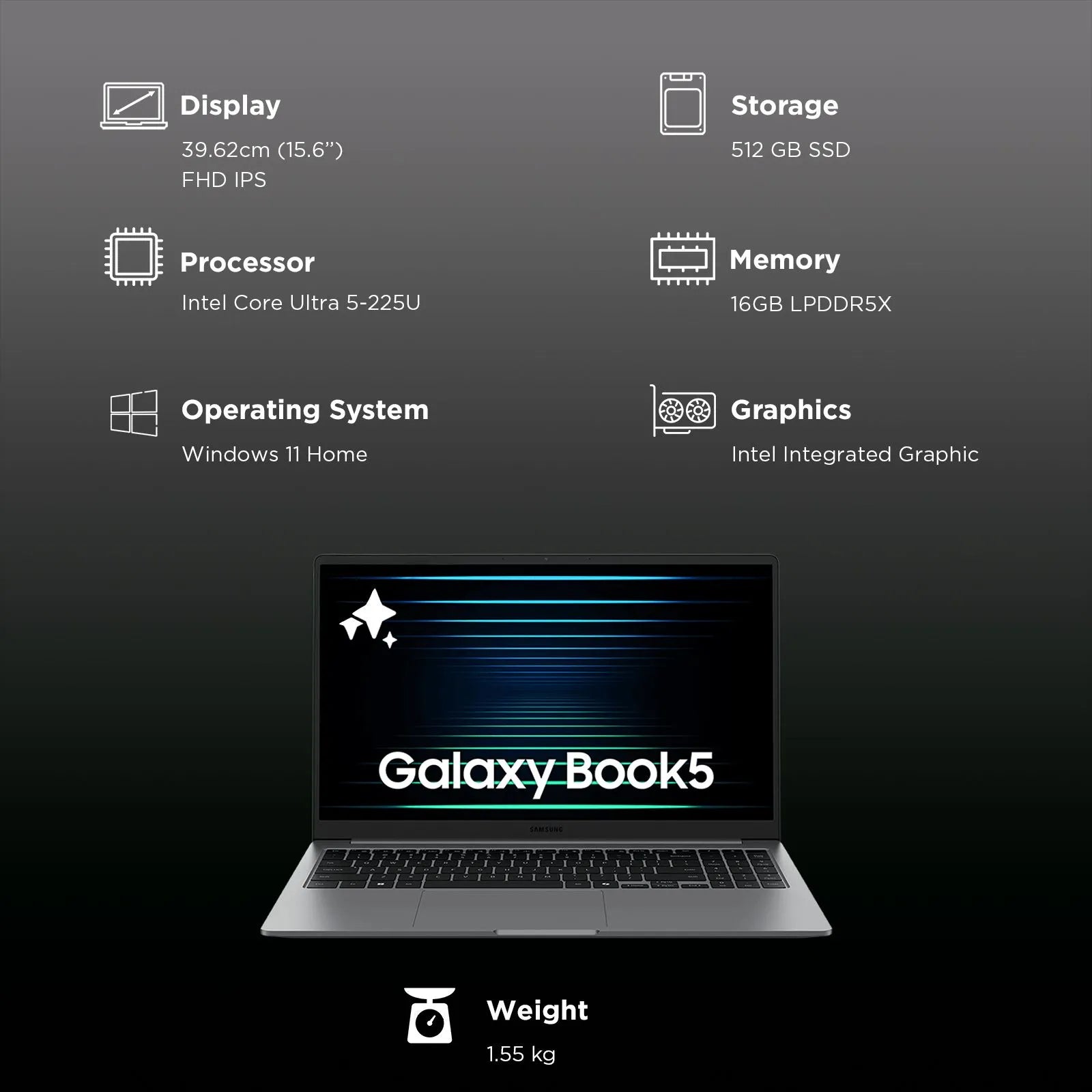 SAMSUNG Galaxy Book5 Intel Core Ultra 5 Thin & Light Laptop (16GB, 512GB SSD, Windows 11 Home, 15.6 inch Full HD IPS Display, MS Office Home 2024, Gray, 1.55 KG) Mahajan Electronics Online