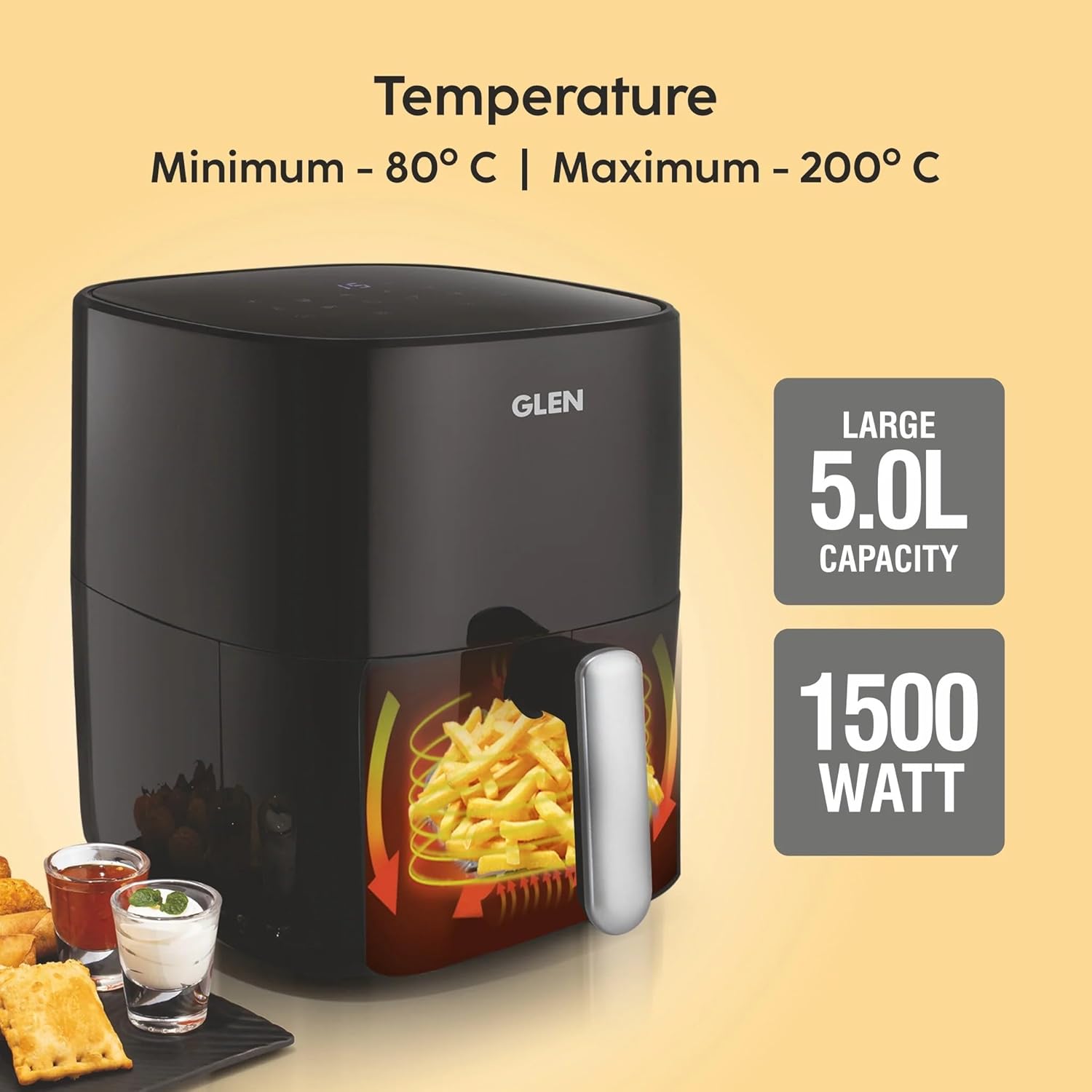 Glen SA-3041 DBL Digital Air Fryer, 5.0 Litre Digital Controls, 8 Pre Set Menu Timer, Temperature Control, 1500W -Black Mahajan Electronics Online