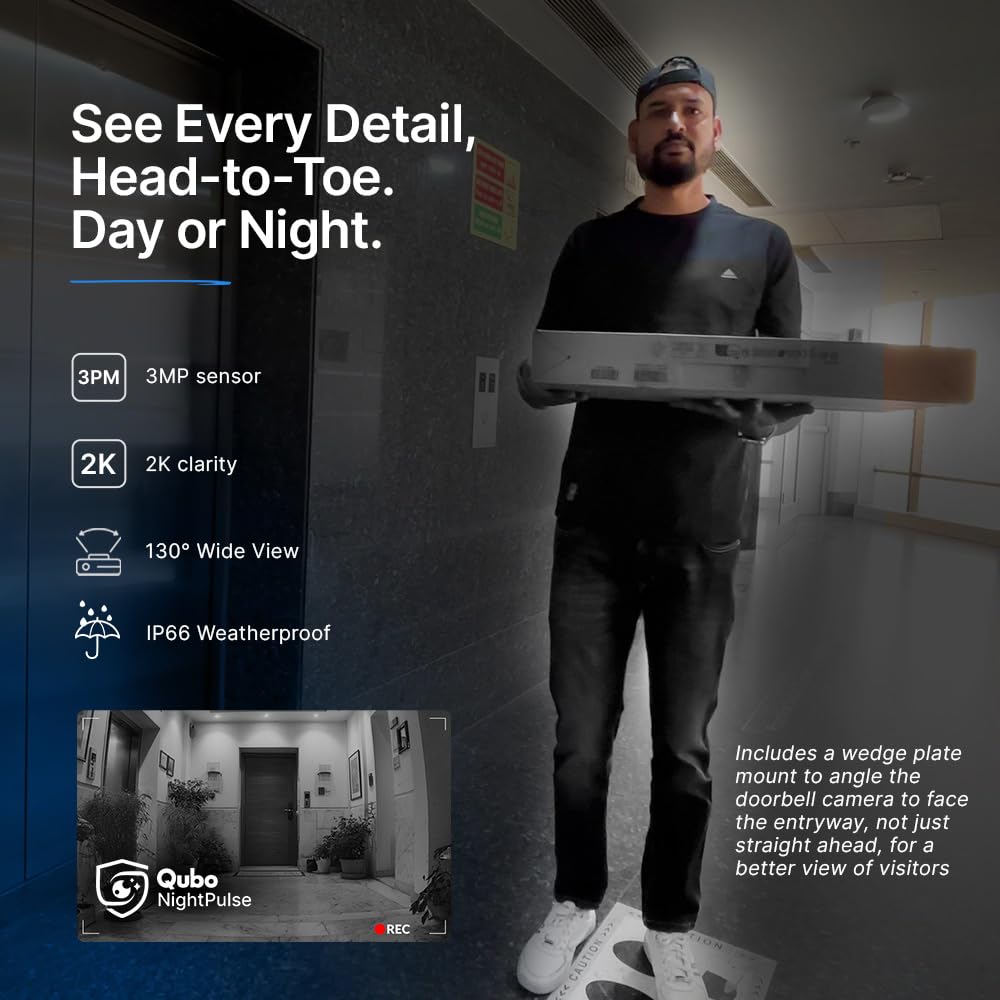 Qubo Smart Wi-Fi Video Doorbell Pro 2K from Hero Group | Instant Phone Visitor Video Call | Intruder Alarm | 3MP 1296P Resolution | 2-Way Talk | NightPulse Vision OC-HCD04BL1 Mahajan Electronics Online