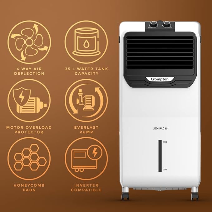 Crompton Jedi DAC 35 Litre Personal Air Cooler for home | Honeycomb pads | 4-way Air Deflection | Ice Chamber | Everlast Pump | Inverter Compatible Mahajan Electronics
