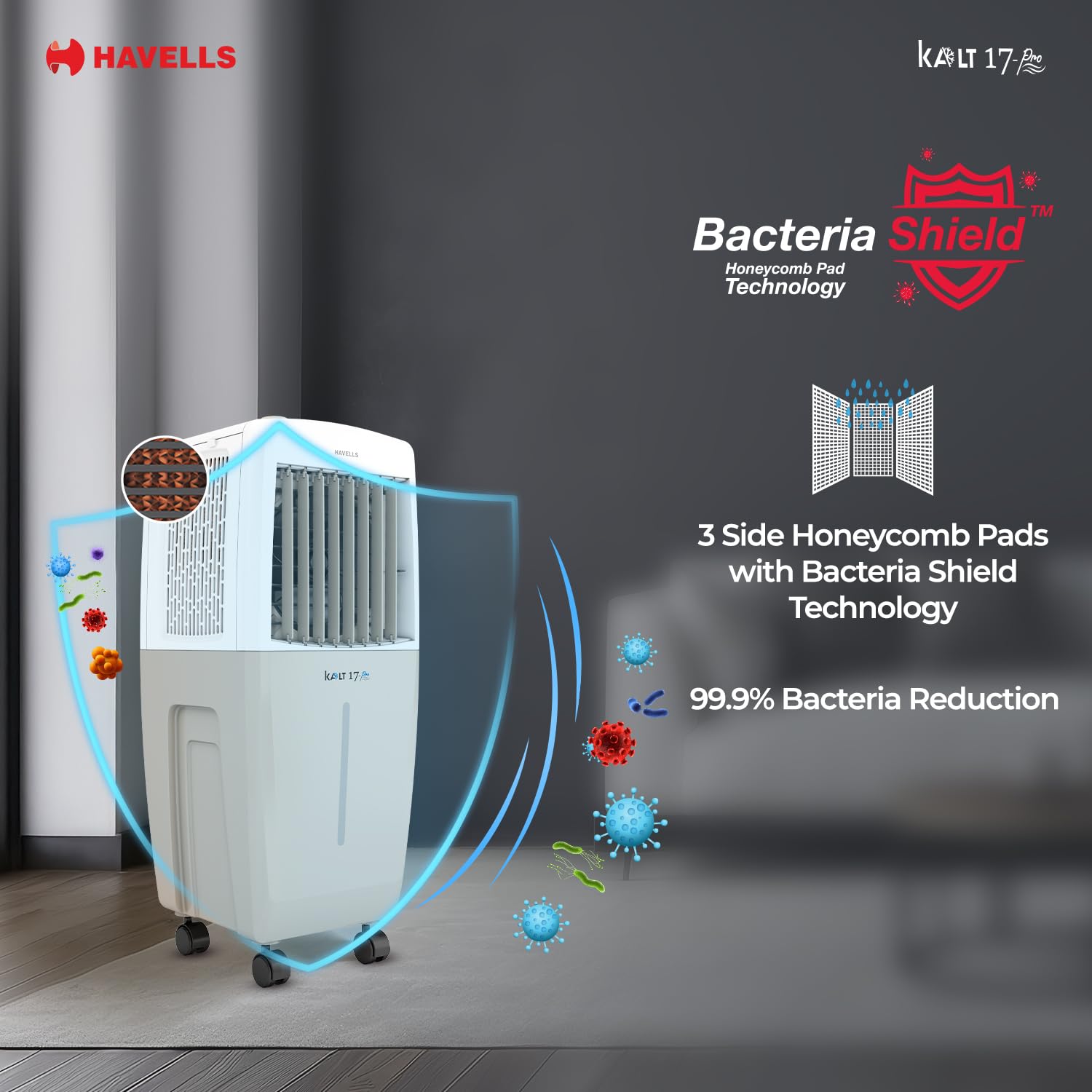 Havells Kalt Pro 17 L Personal Air Cooler for Room|With Fan & 3 Side Bacteria Shield Honeycomb Pads|Aerodynamically Designed Blades|Sleek & stunning design |Front Wheel with Brakes|Inverter Compatible Mahajan Electronics Online